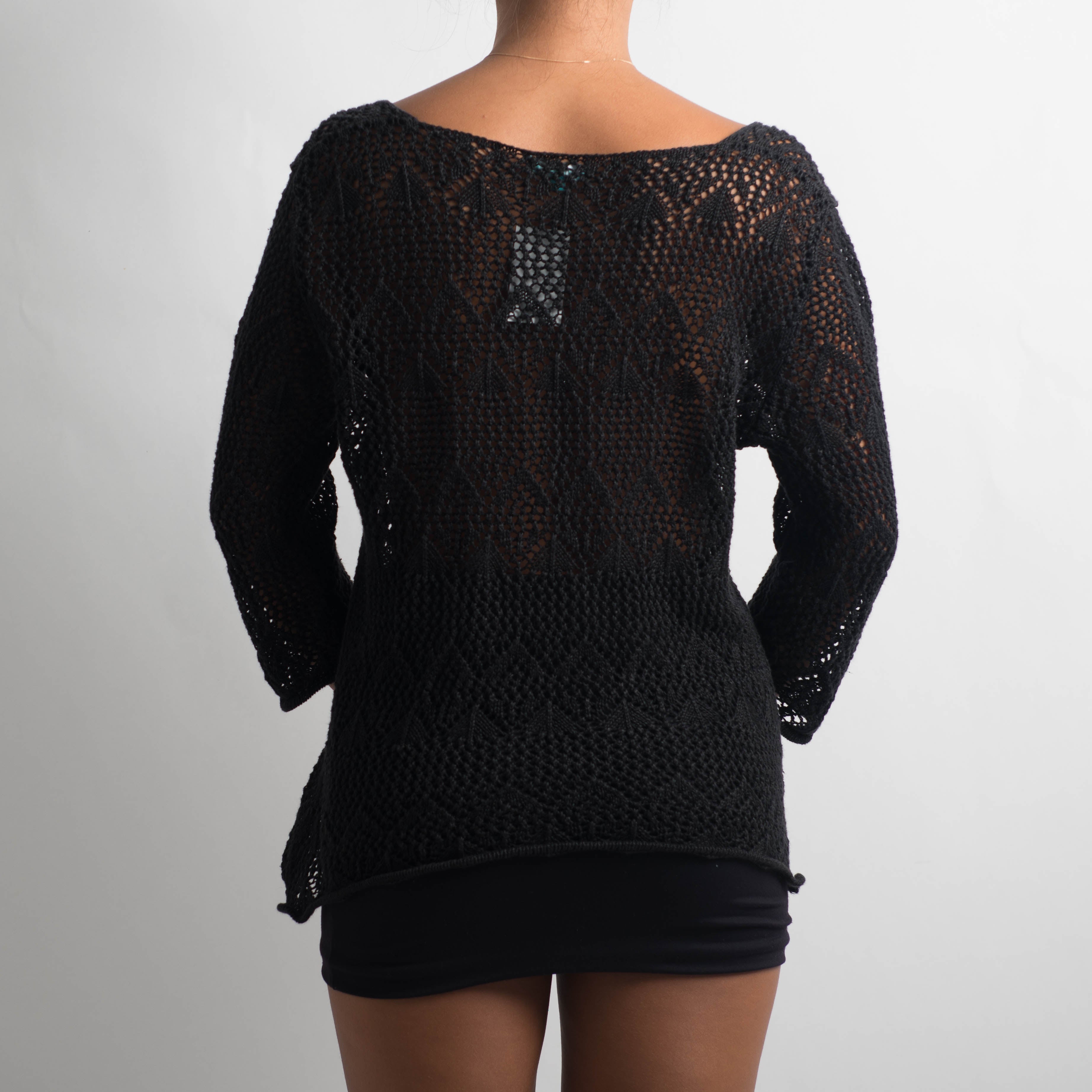 BLACK CROCHET TIE FRONT TOP