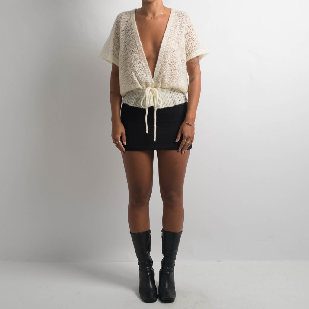 CREAM KNIT TIE FRONT TOP