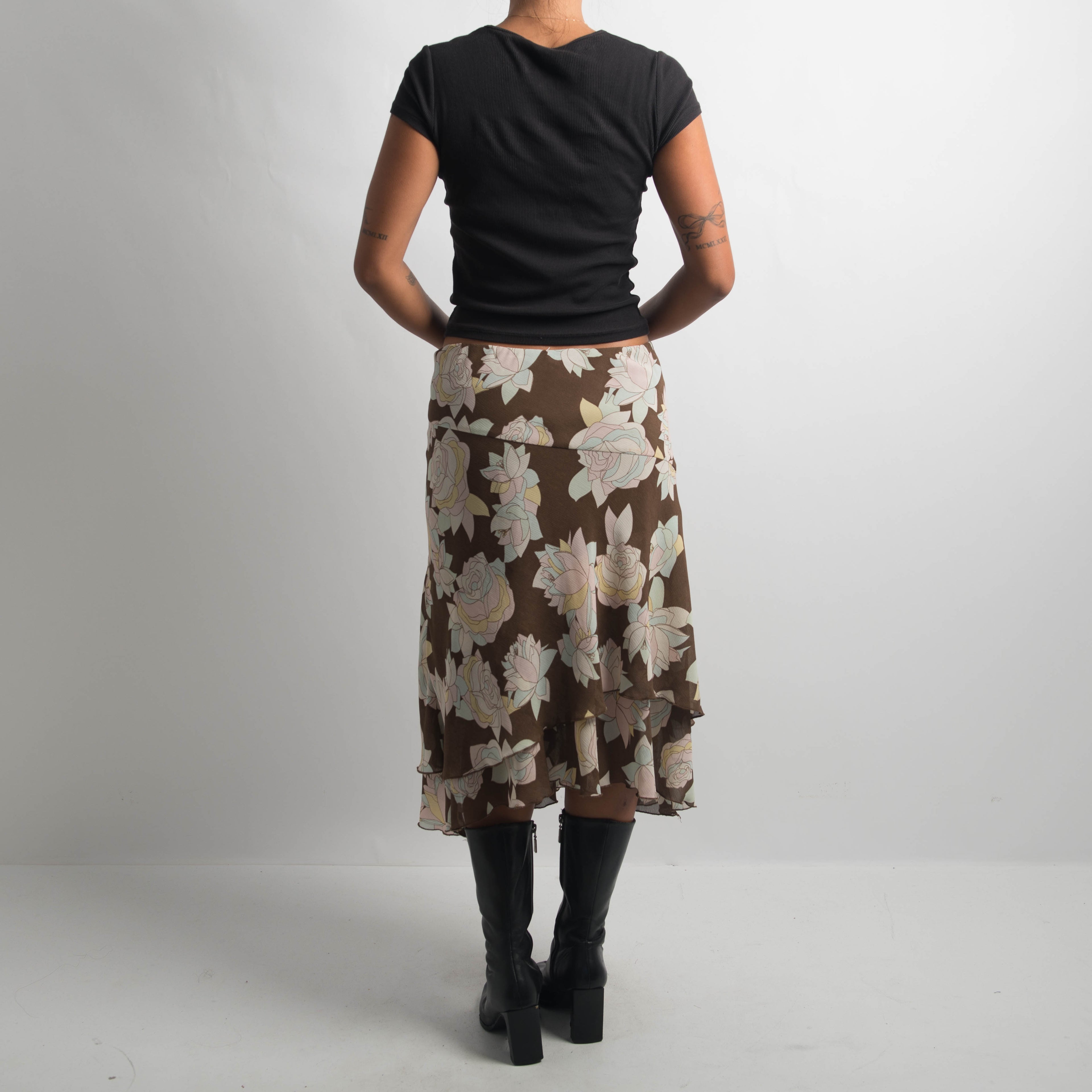 LAYERED FLORAL MIDI SKIRT