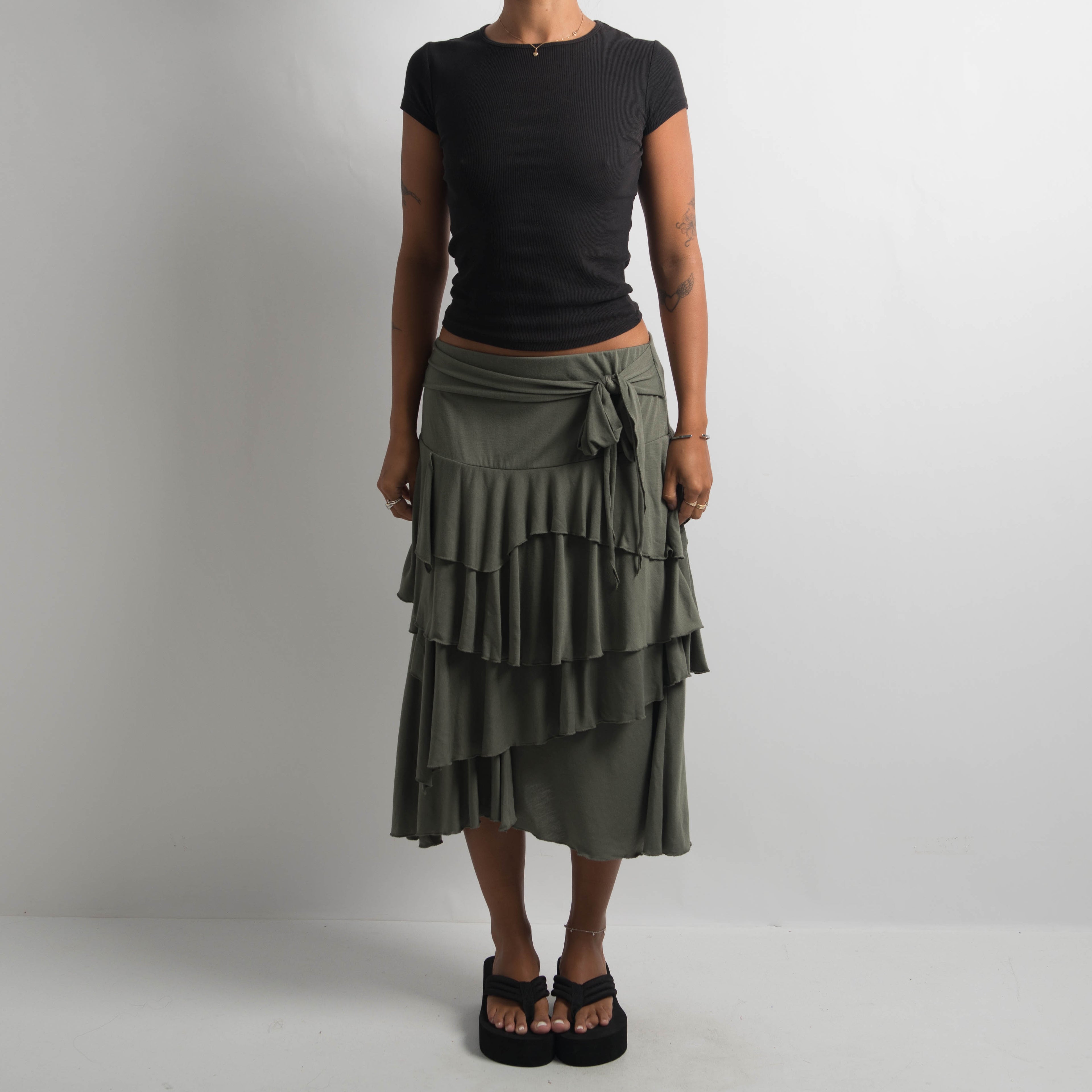 KHAKI TIERED RUFFLE SKIRT
