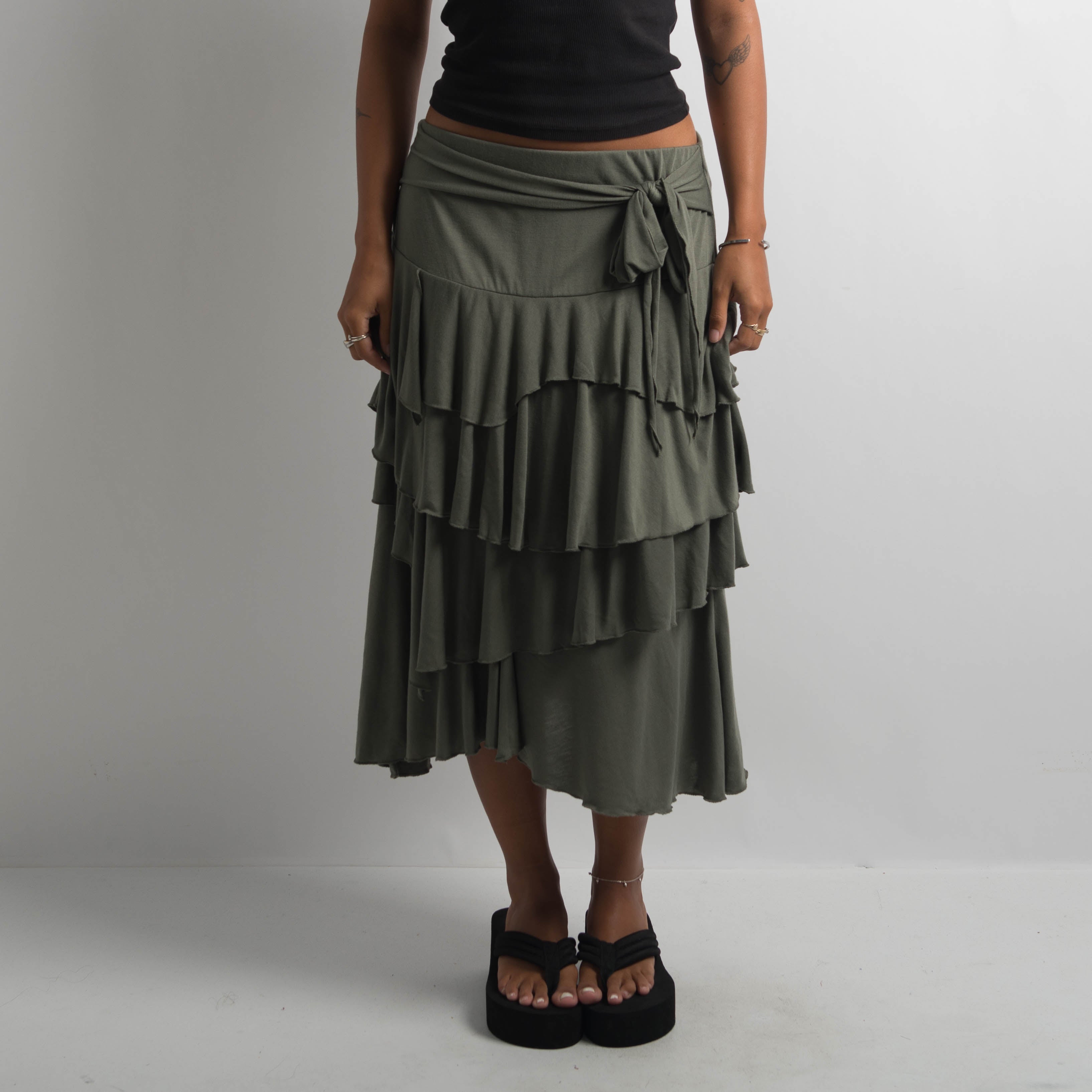KHAKI TIERED RUFFLE SKIRT