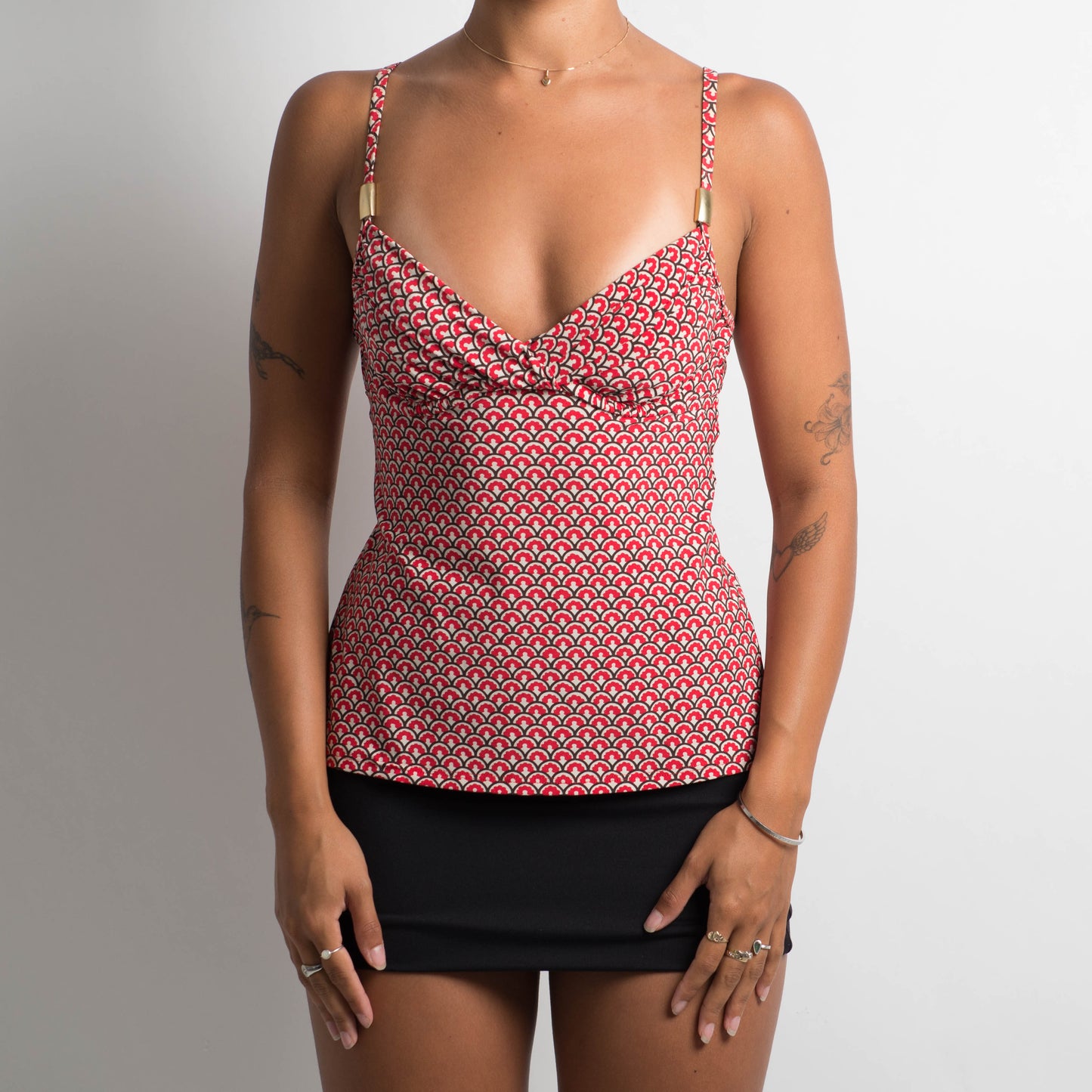 RED PATTERNED TANKINI TOP