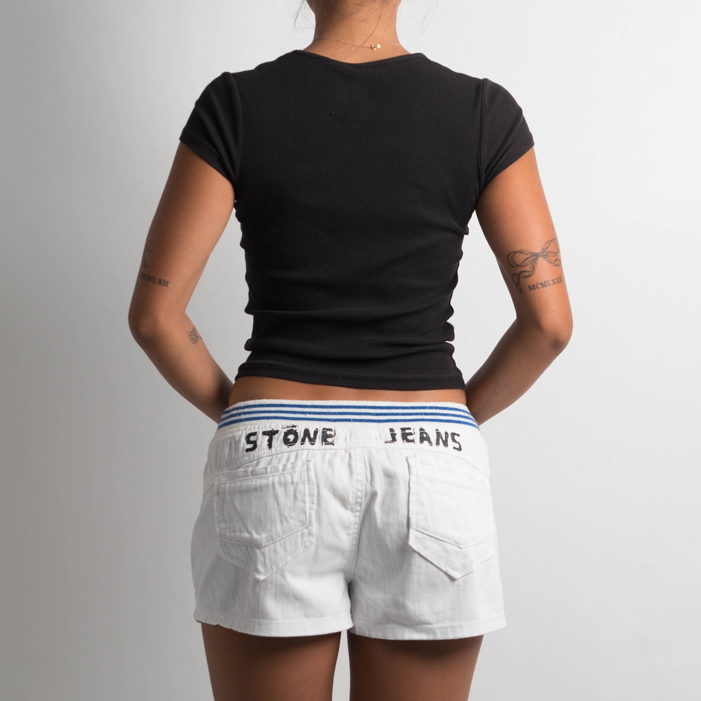 WHITE DENIM DRAWSTRING SHORTS