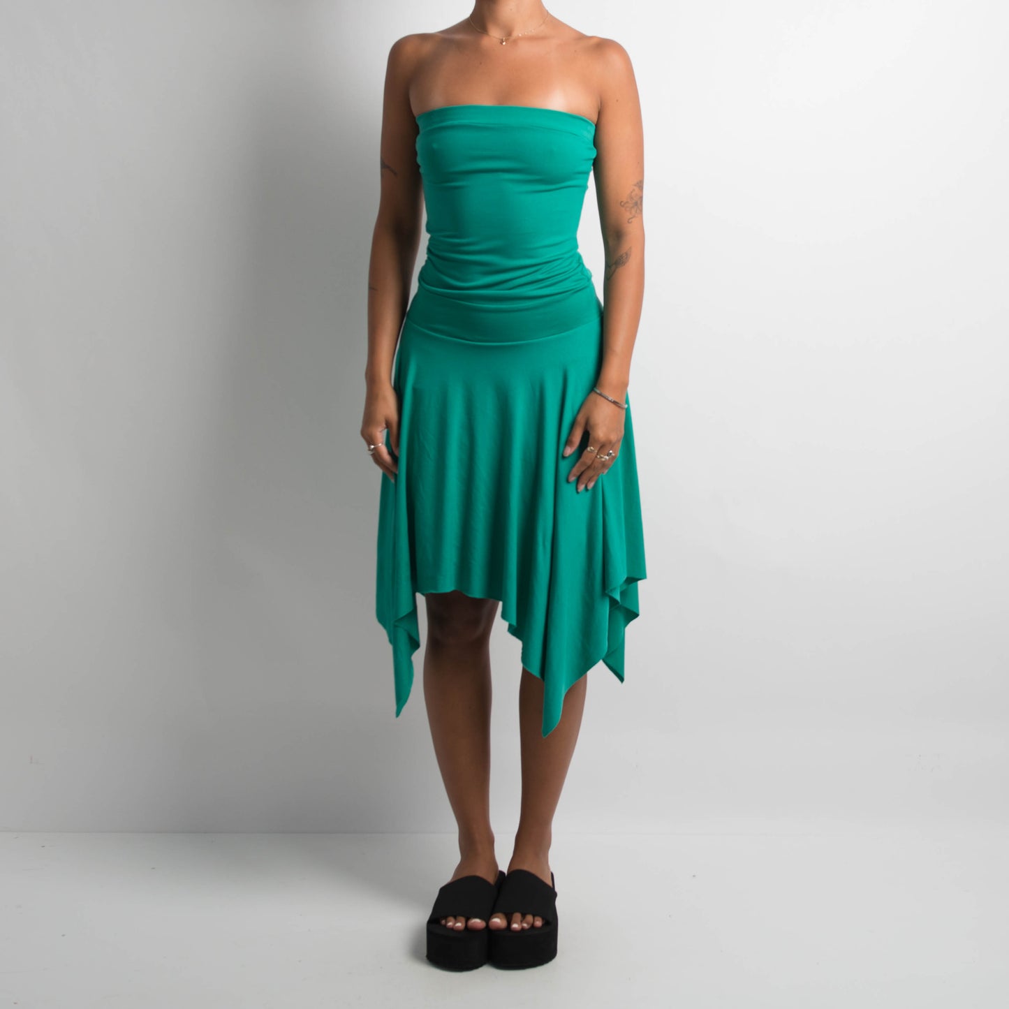 GREEN ASYMMETRIC MIDI DRESS