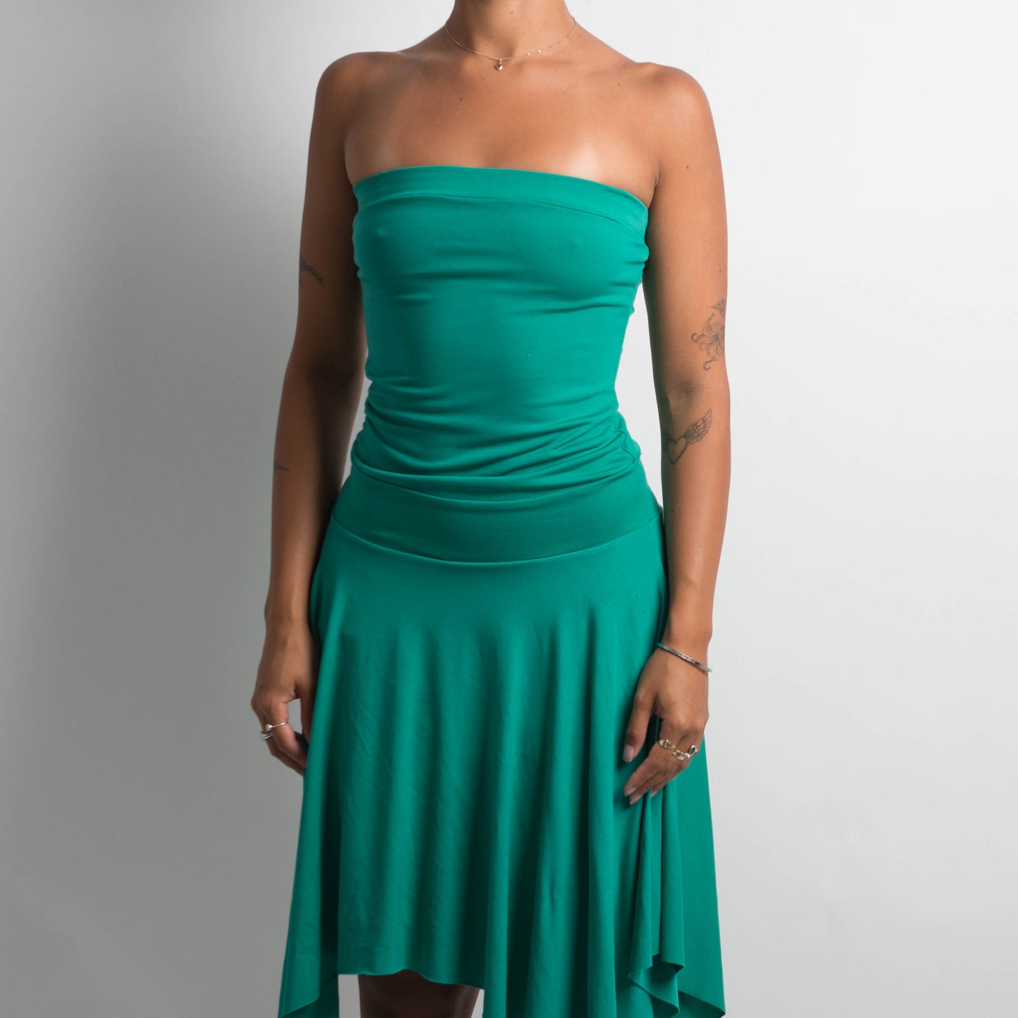 GREEN ASYMMETRIC MIDI DRESS