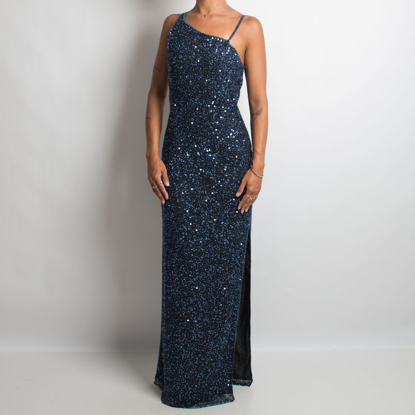 NAVY SILK BEADED GOWN