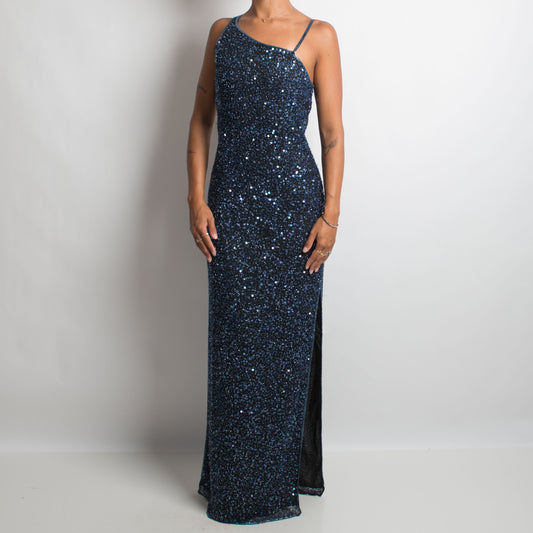 NAVY SILK BEADED GOWN