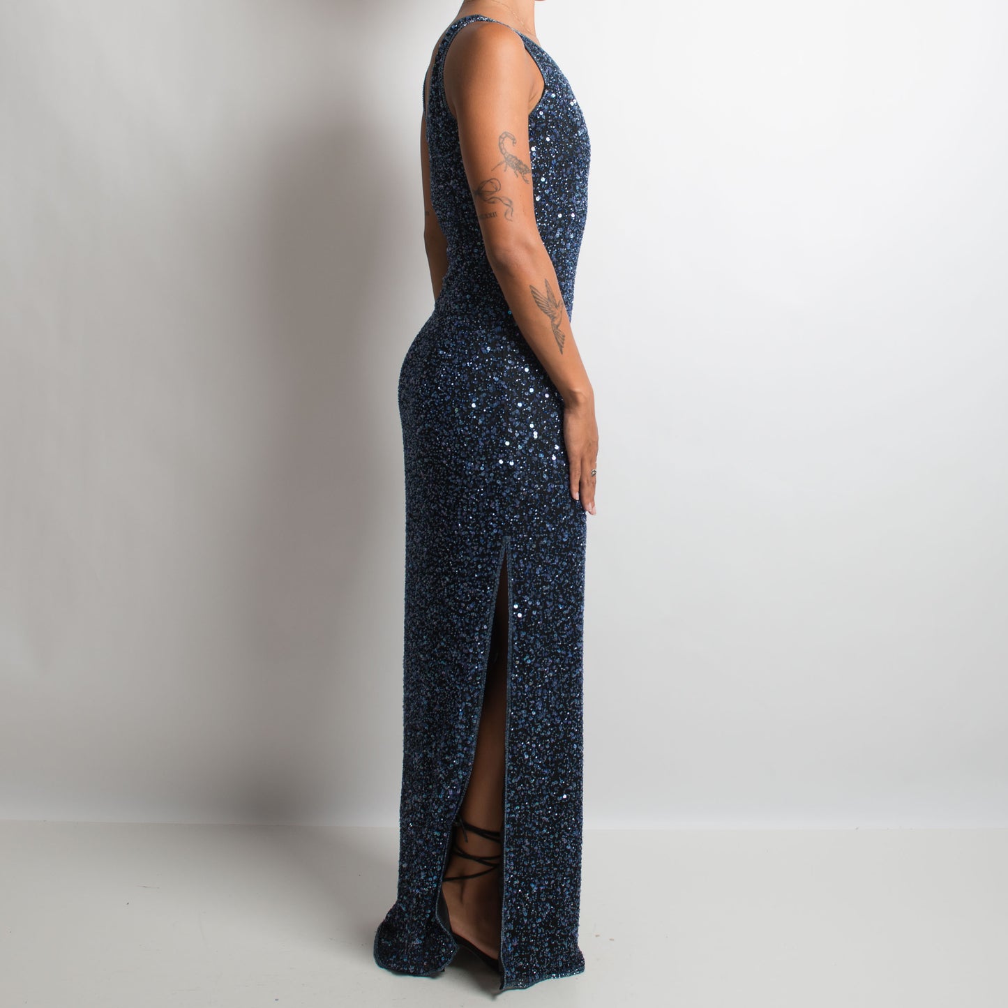 NAVY SILK BEADED GOWN