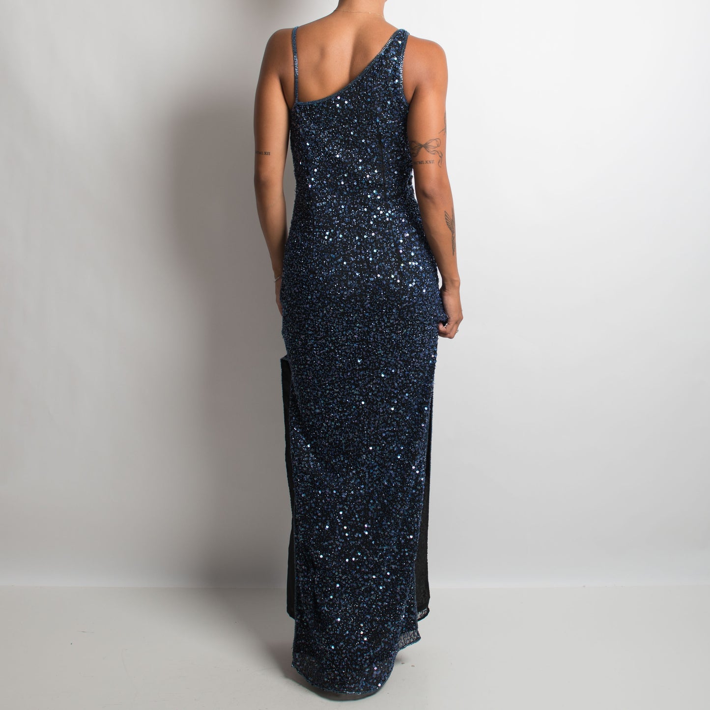 NAVY SILK BEADED GOWN