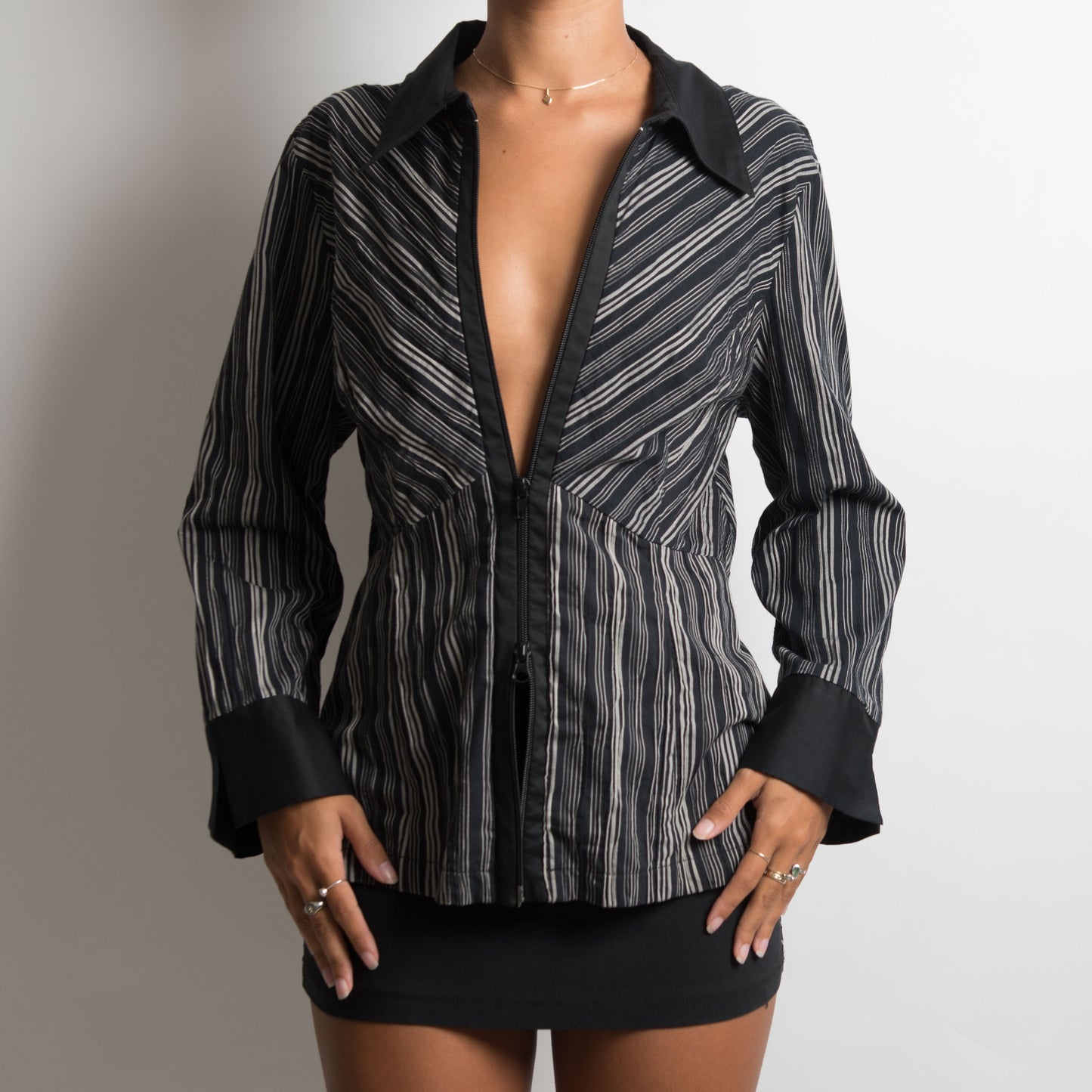 PINSTRIPE ZIP BLOUSE