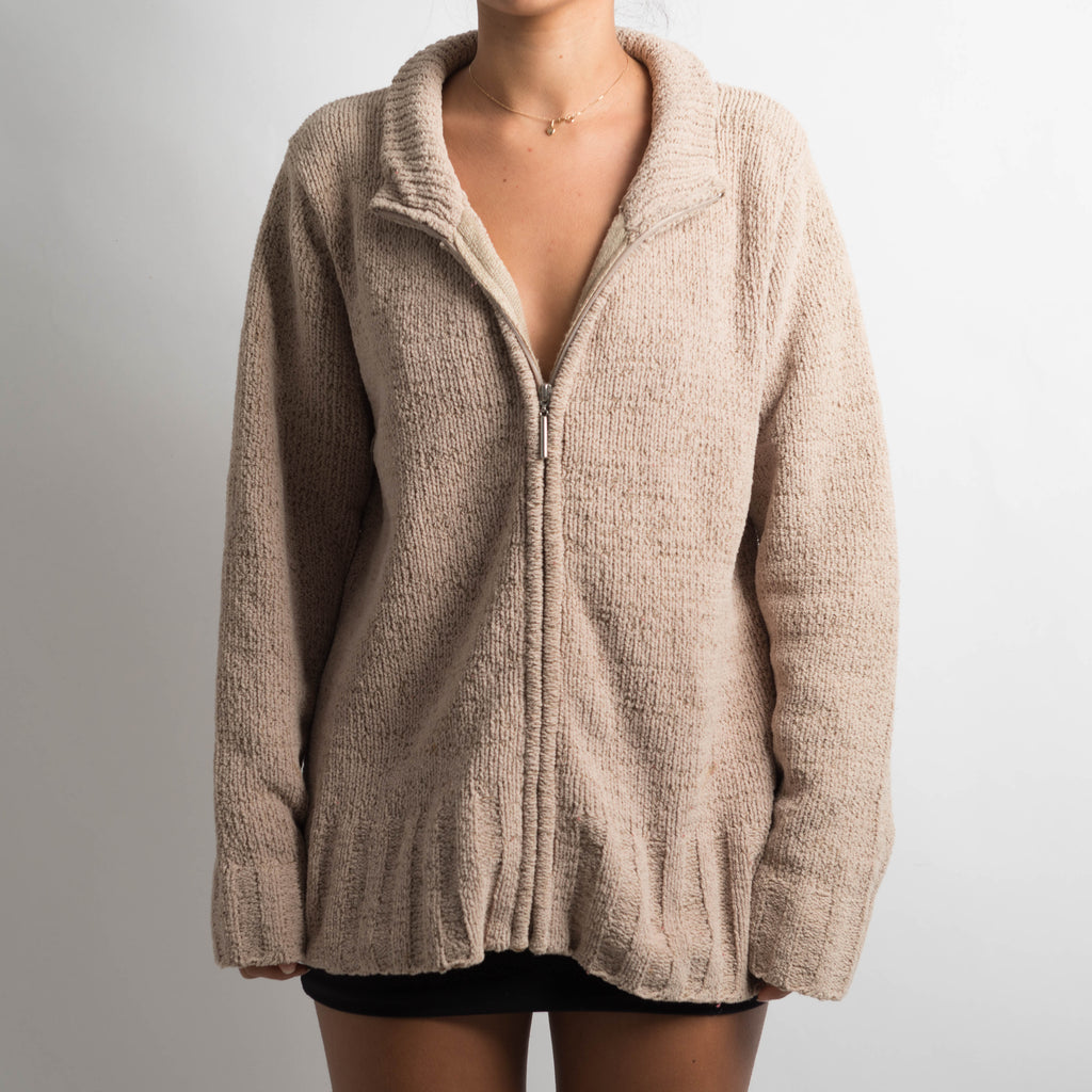 BEIGE CHENILLE ZIP CARDIGAN