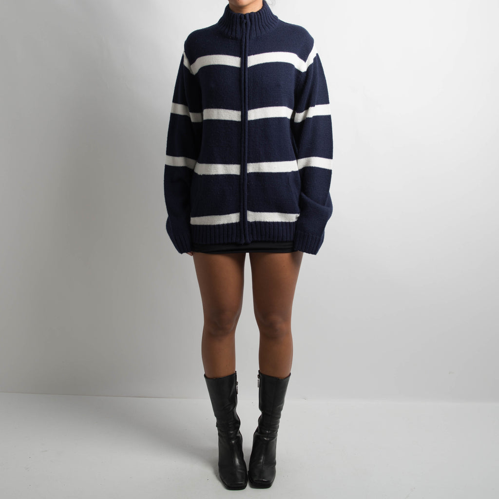 NAVY STRIPED ZIP CARDIGAN