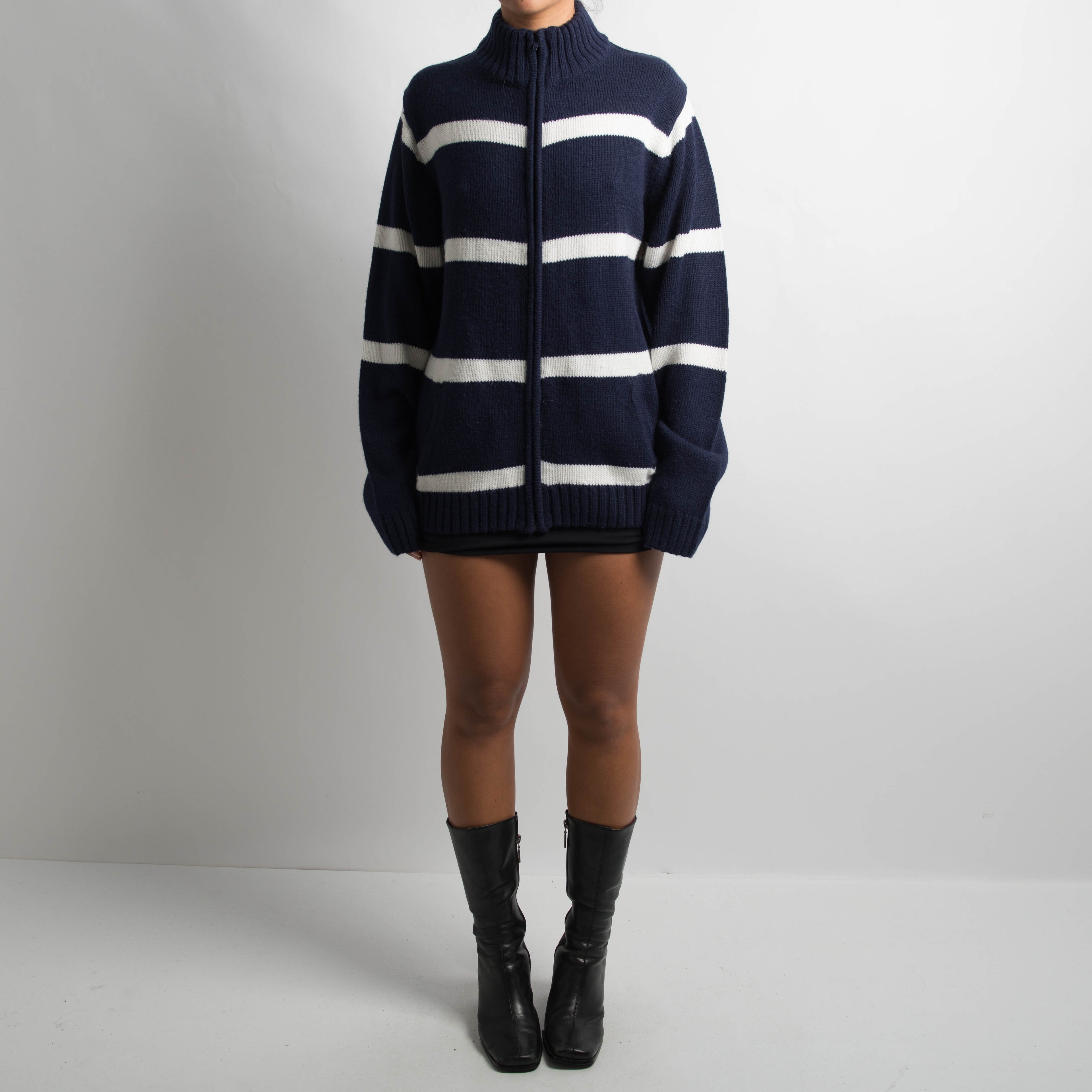NAVY STRIPED ZIP CARDIGAN