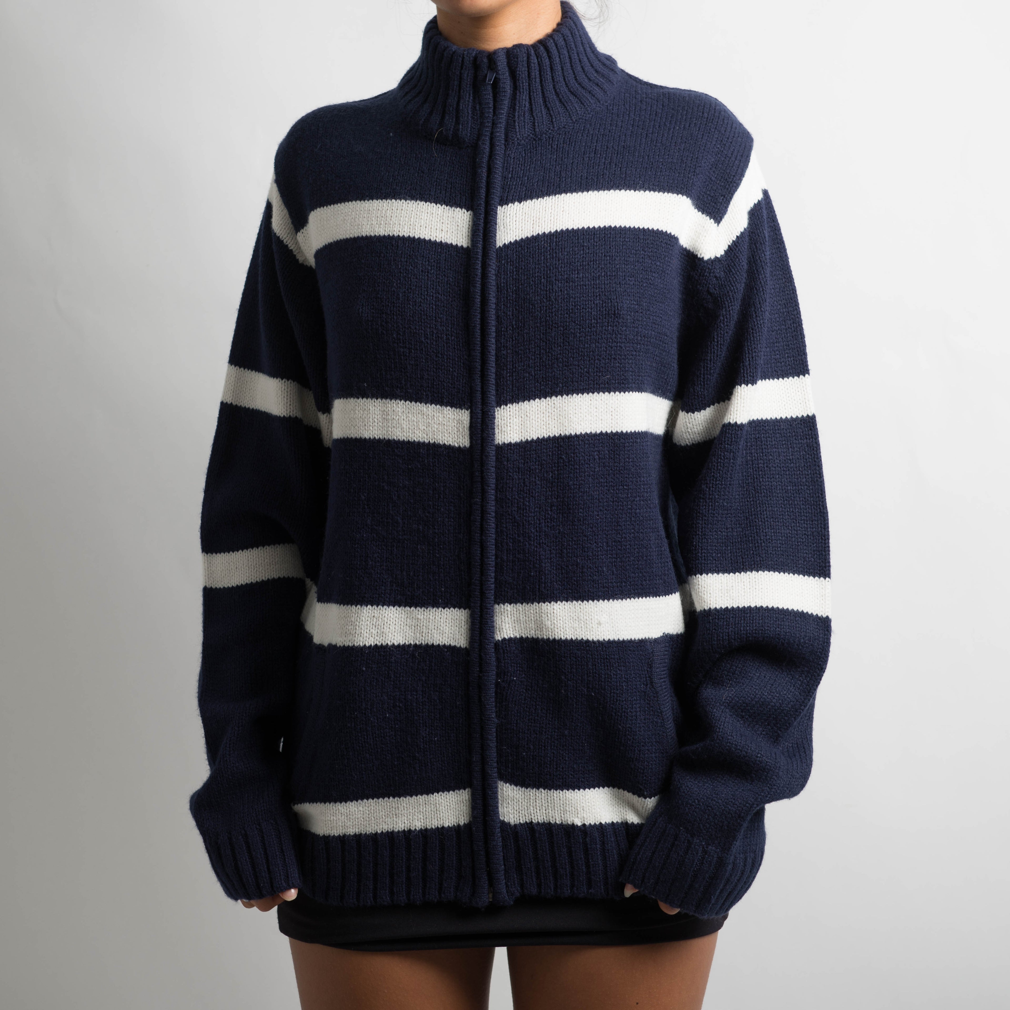 NAVY STRIPED ZIP CARDIGAN