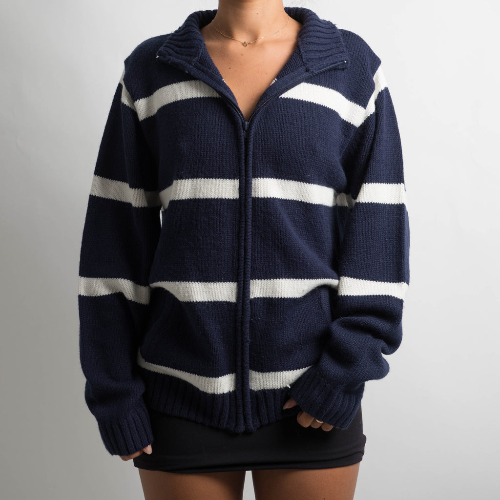 NAVY STRIPED ZIP CARDIGAN