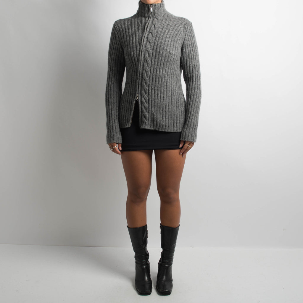 GREY WOOL ZIP CARDIGAN
