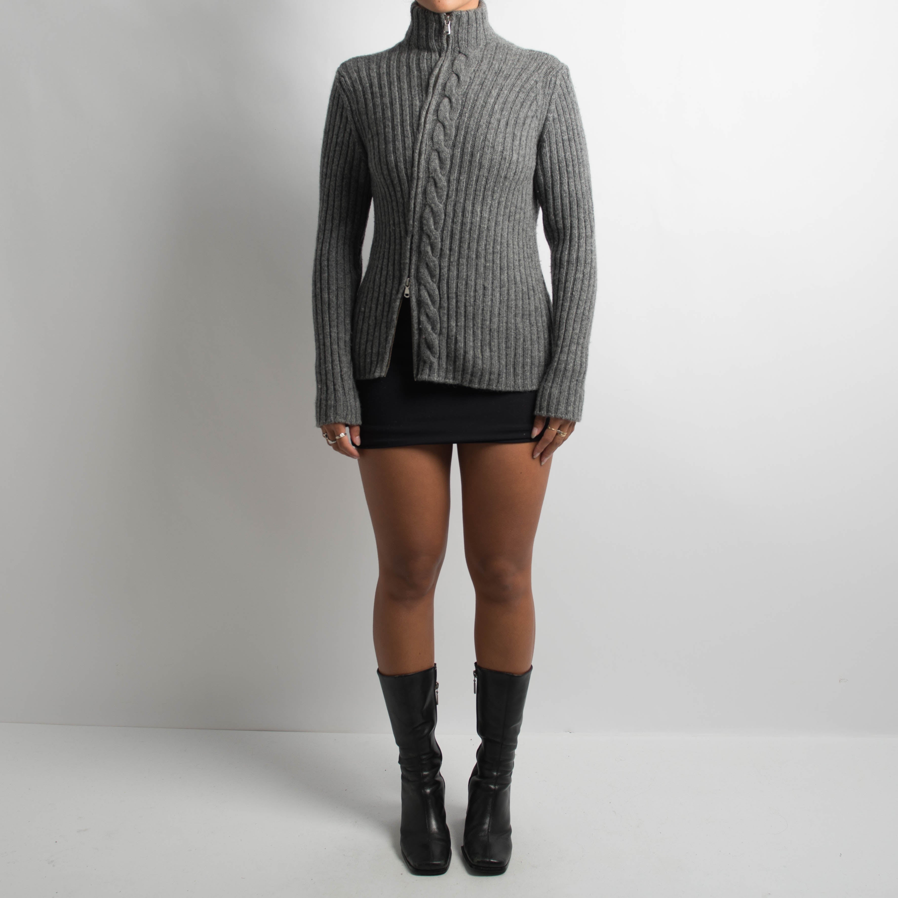 GREY WOOL ZIP CARDIGAN