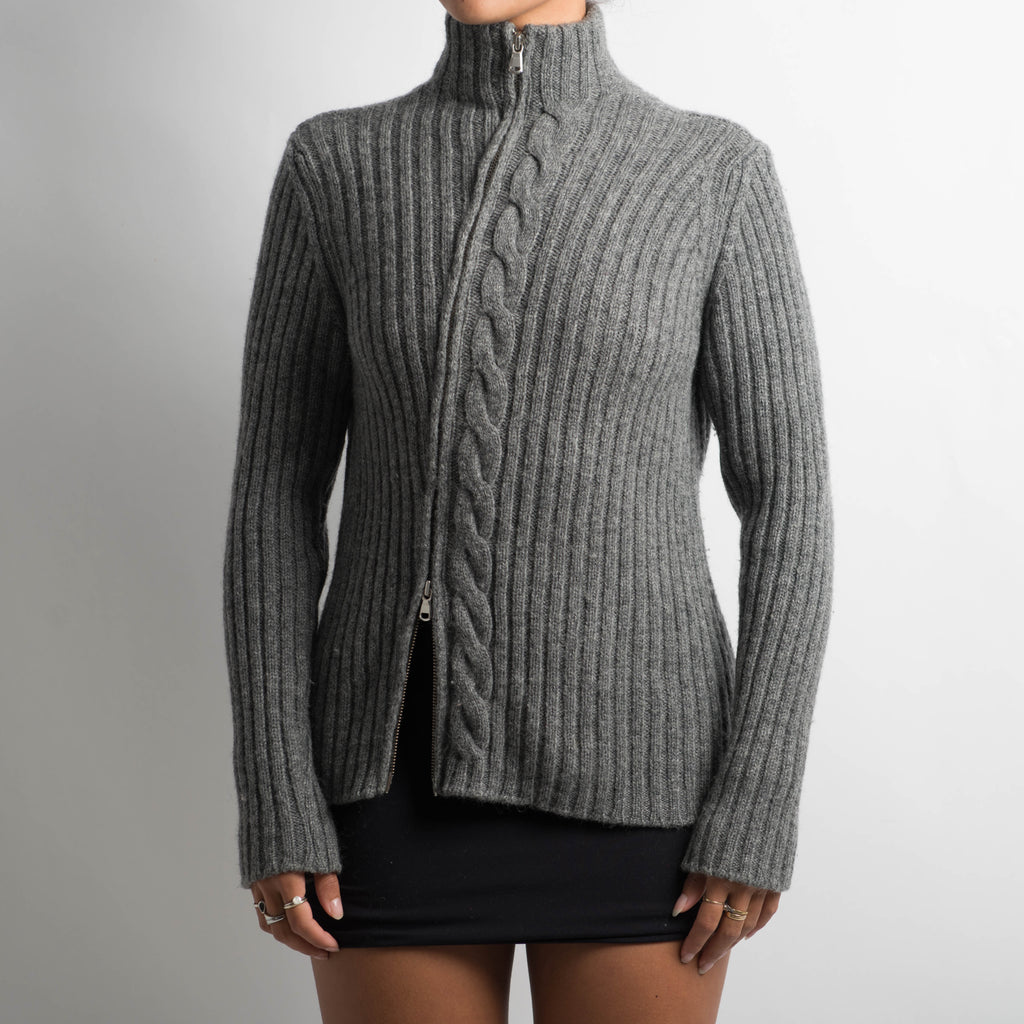 GREY WOOL ZIP CARDIGAN