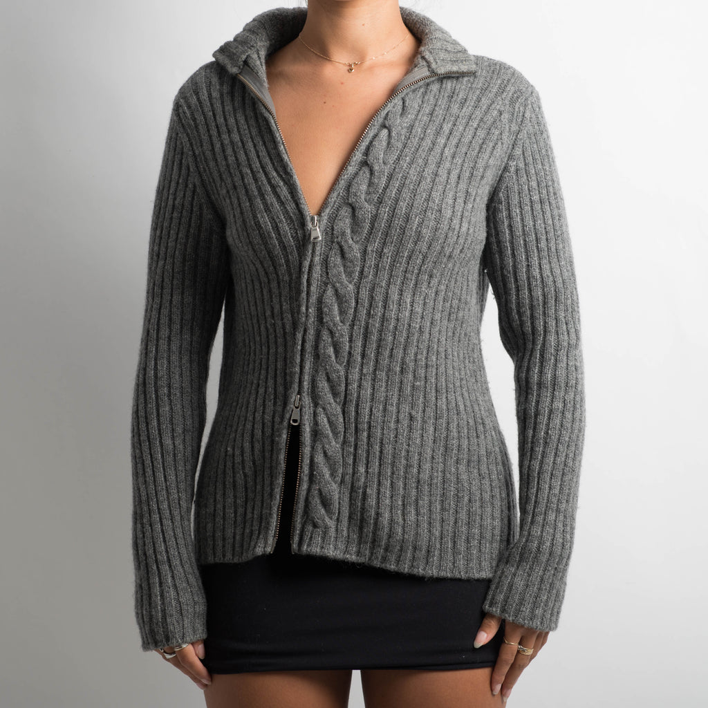 GREY WOOL ZIP CARDIGAN