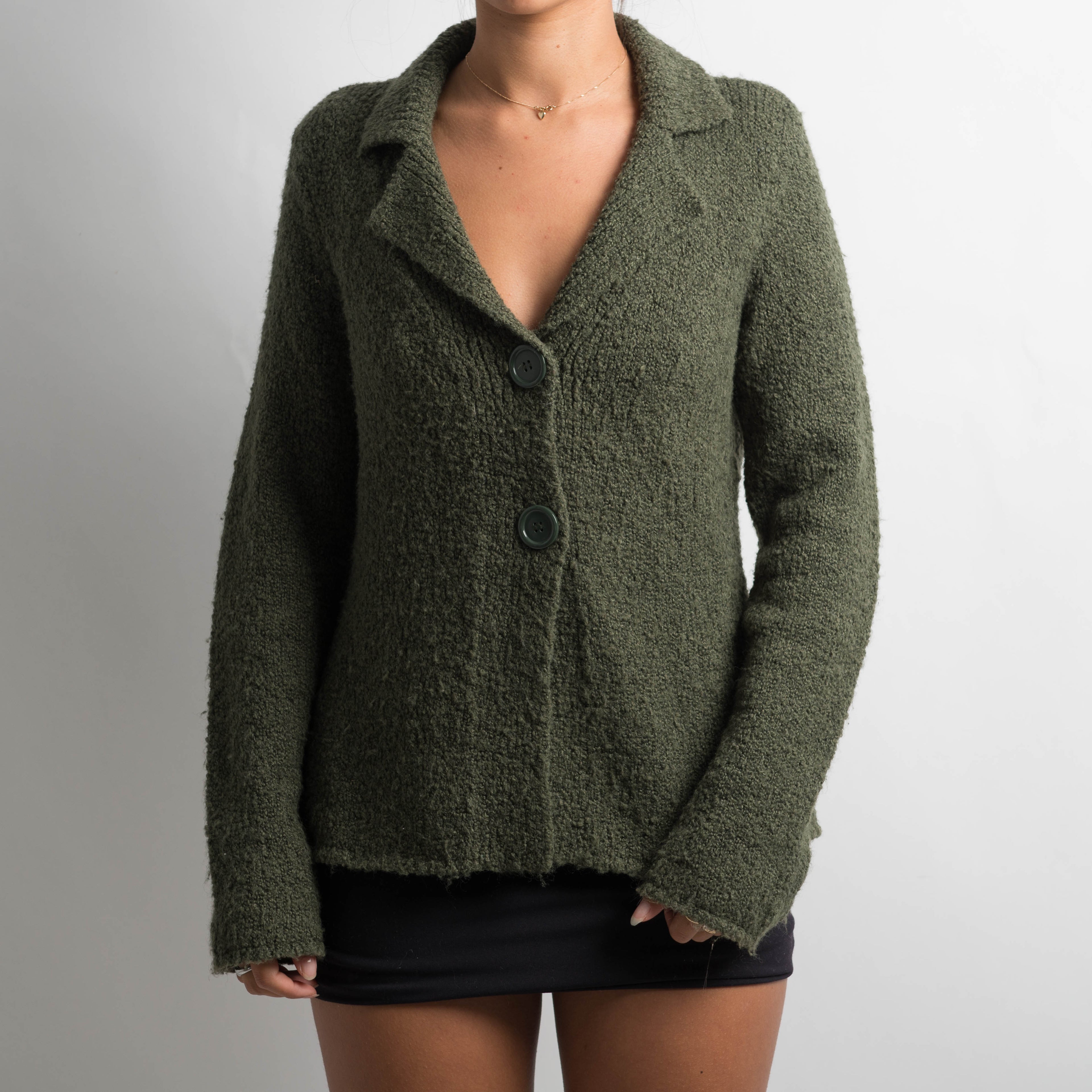 GREEN COLLARED KNIT CARDIGAN