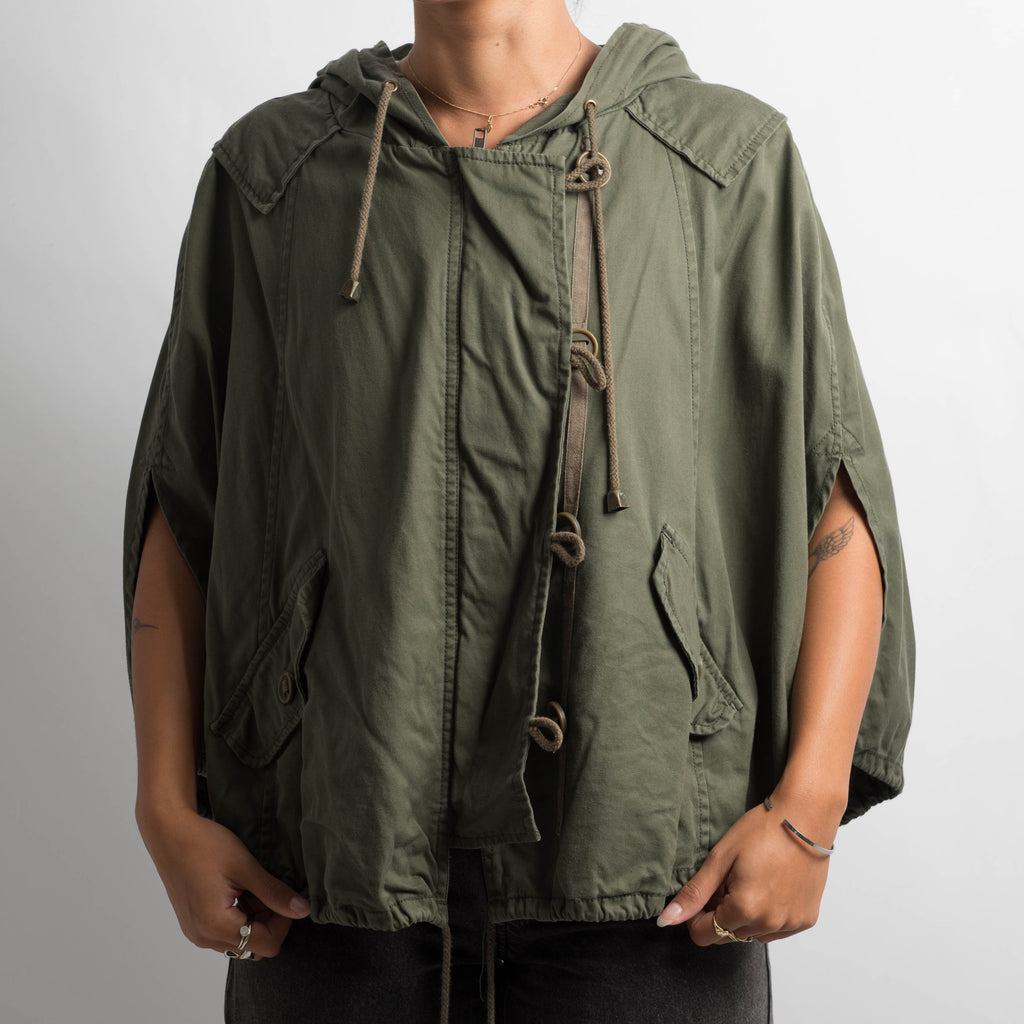 KHAKI HOODED PONCHO JACKET