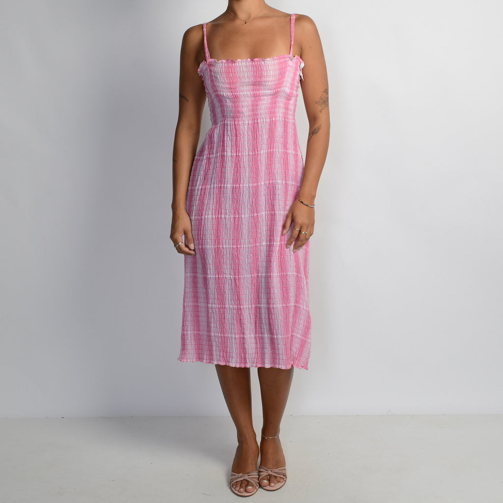 PINK SHIRRED MIDI DRESS