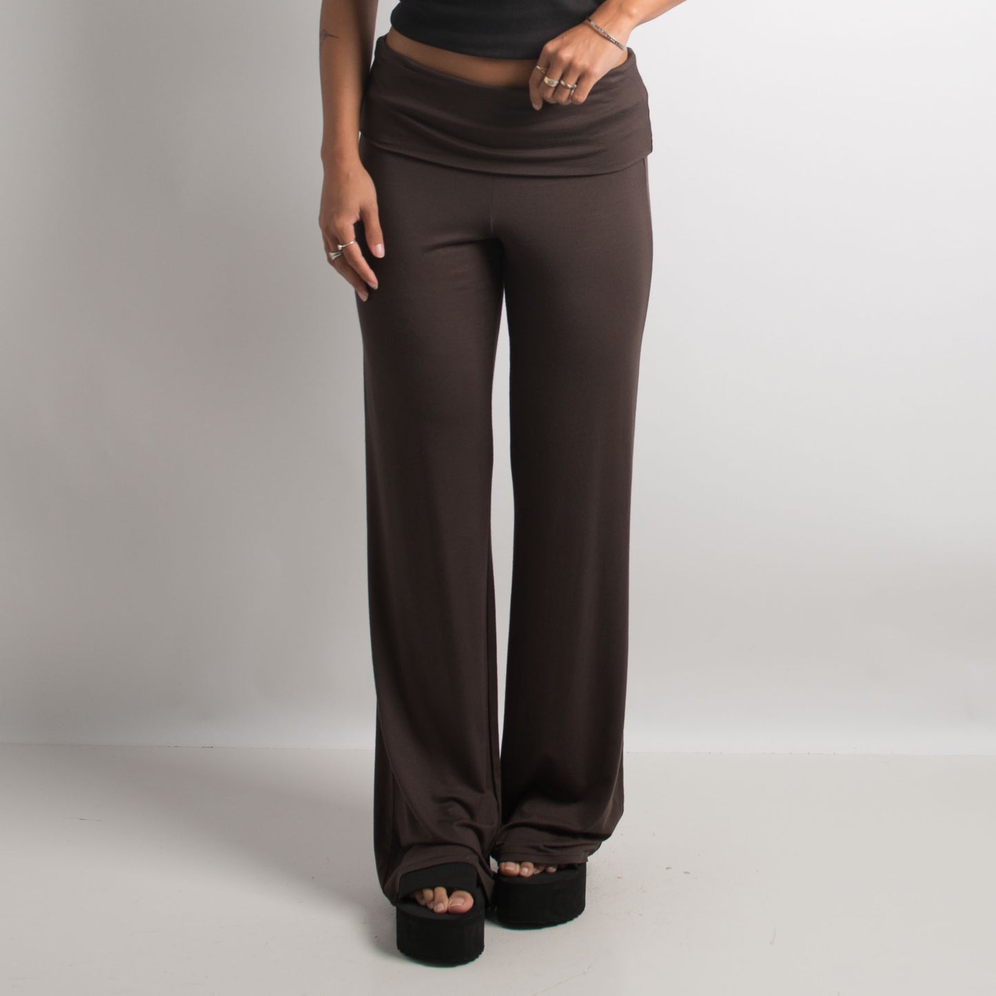 BROWN SLINKY FOLD OVER PANTS