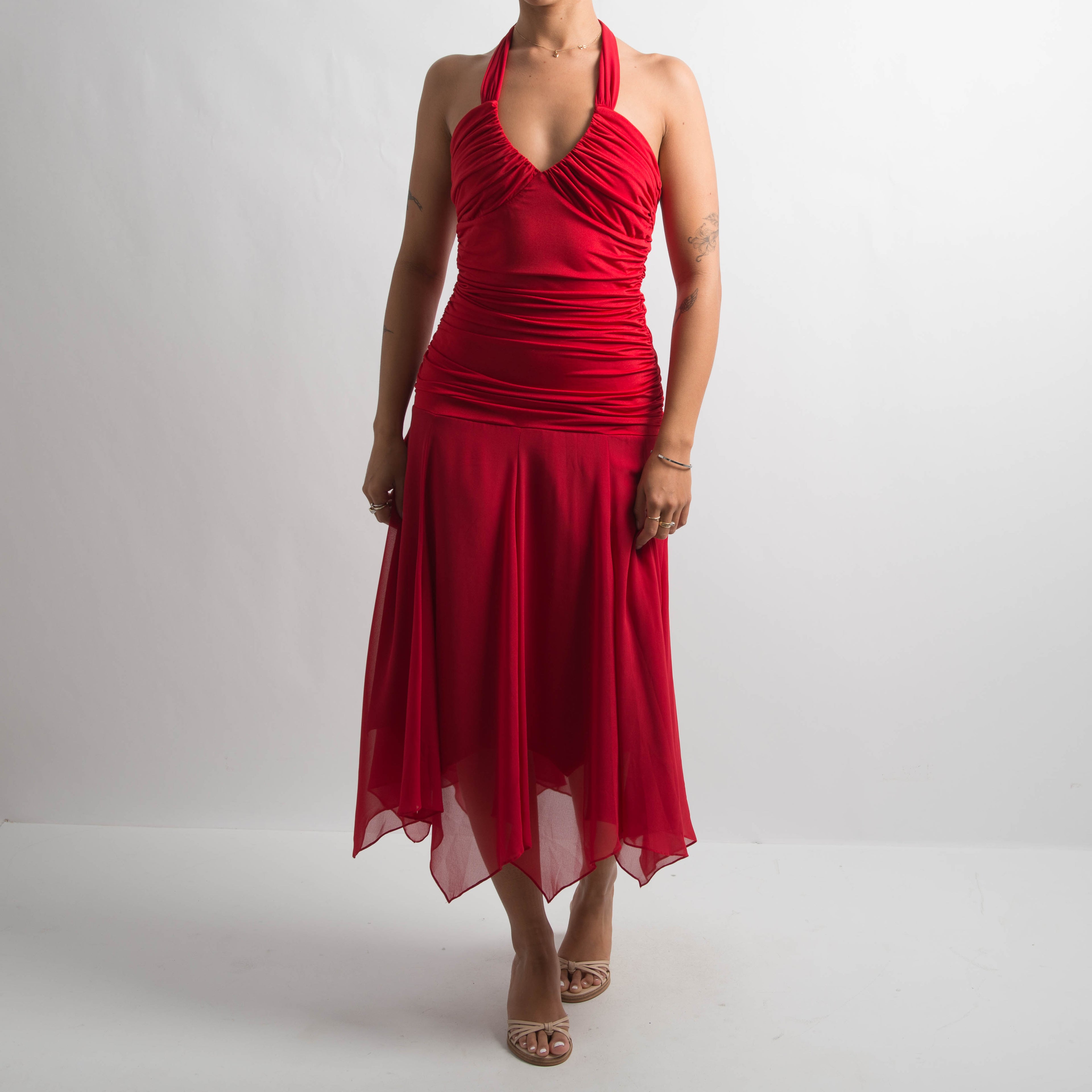 RED HALTER EVENING DRESS