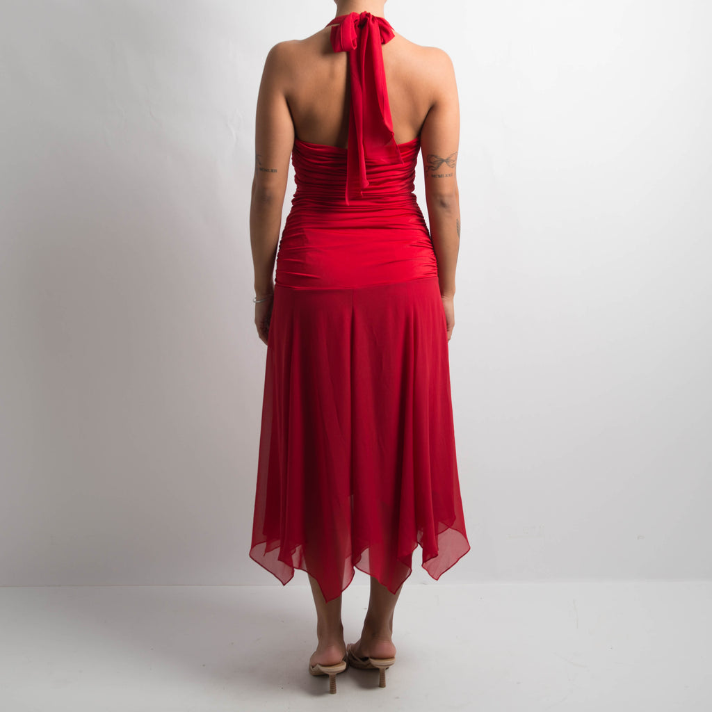 RED HALTER EVENING DRESS