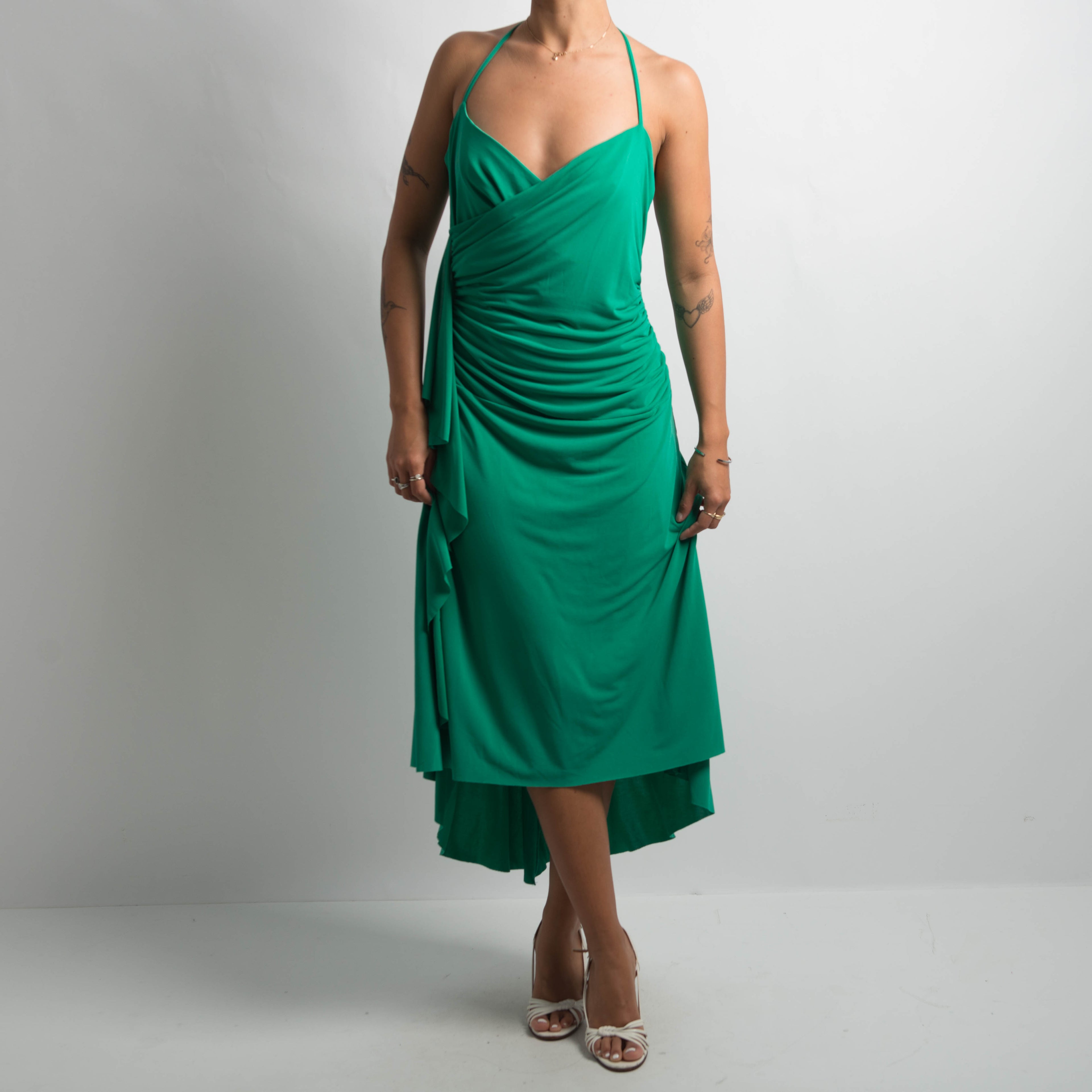 GREEN HALTER EVENING DRESS