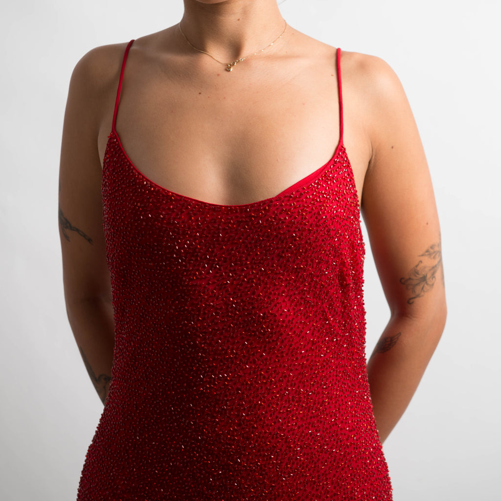 RED SILK BEADED DRESS