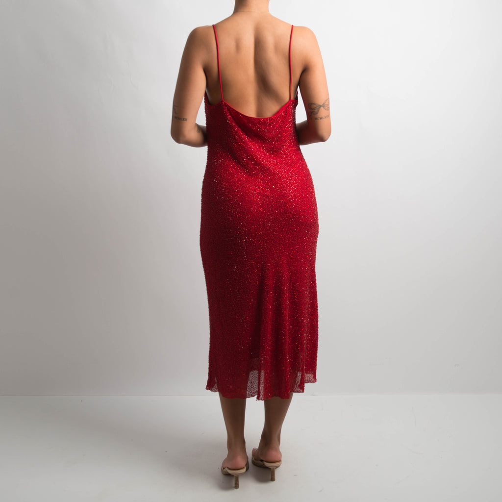 RED SILK BEADED DRESS