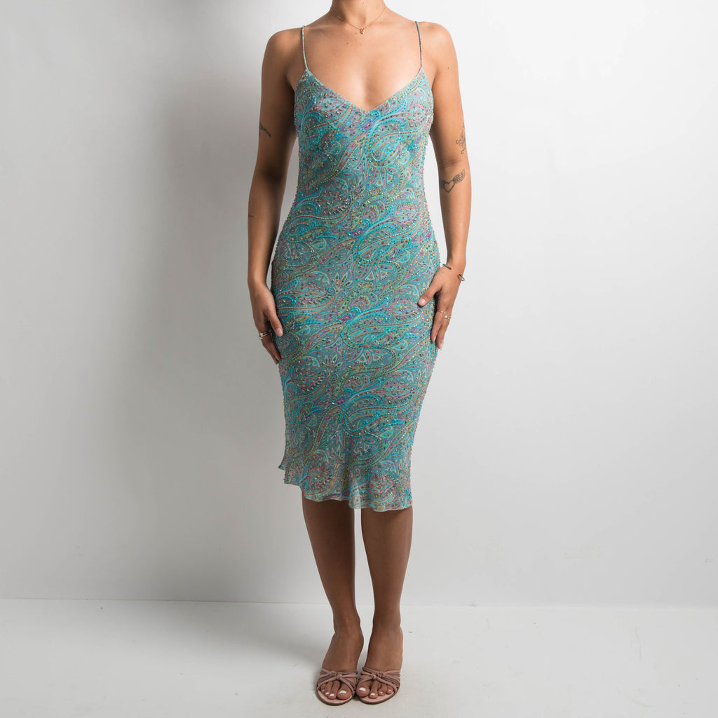 PAISLEY SILK BEADED MIDI DRESS