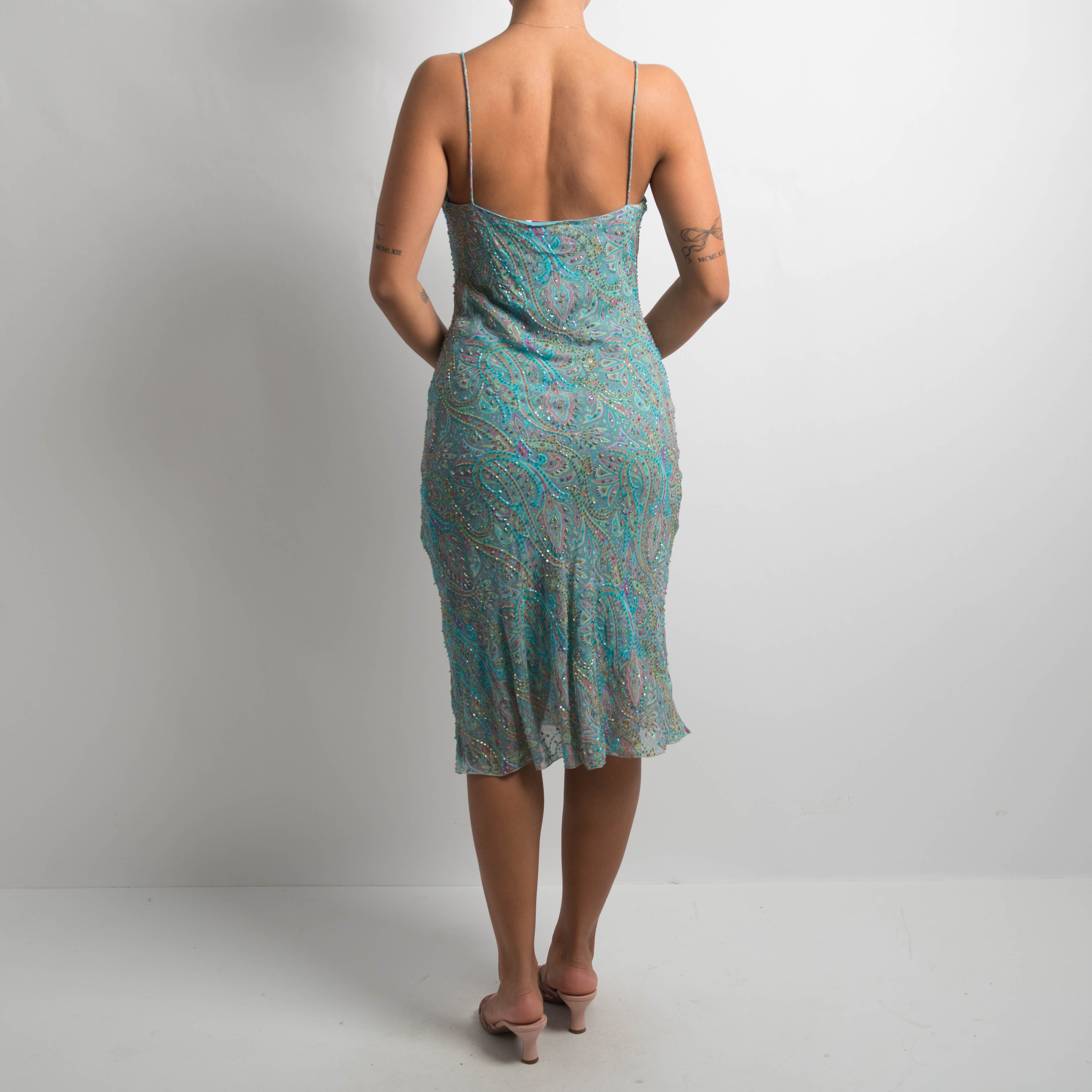 PAISLEY SILK BEADED MIDI DRESS