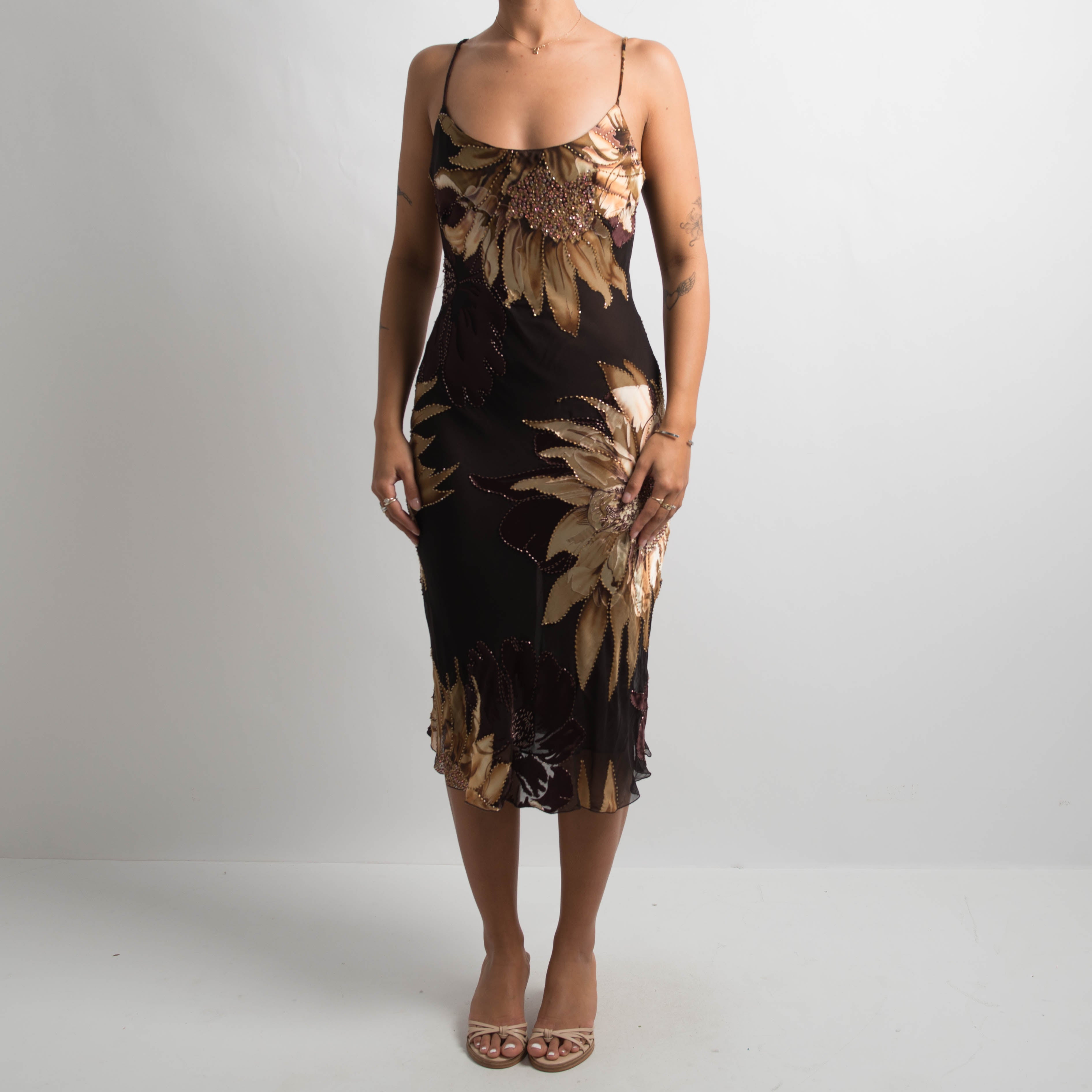 FLORAL SILK BEADED MIDI DRESS