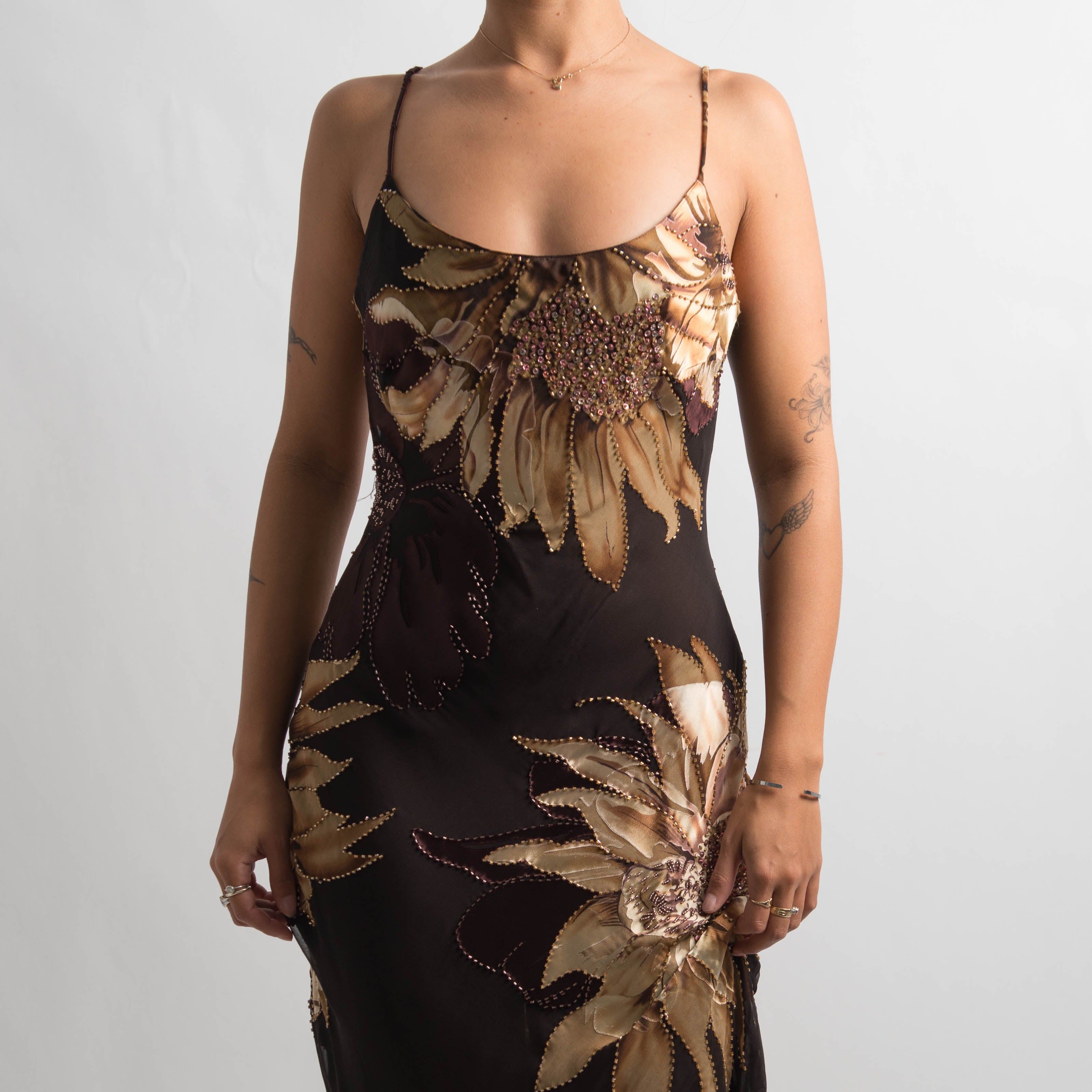 FLORAL SILK BEADED MIDI DRESS