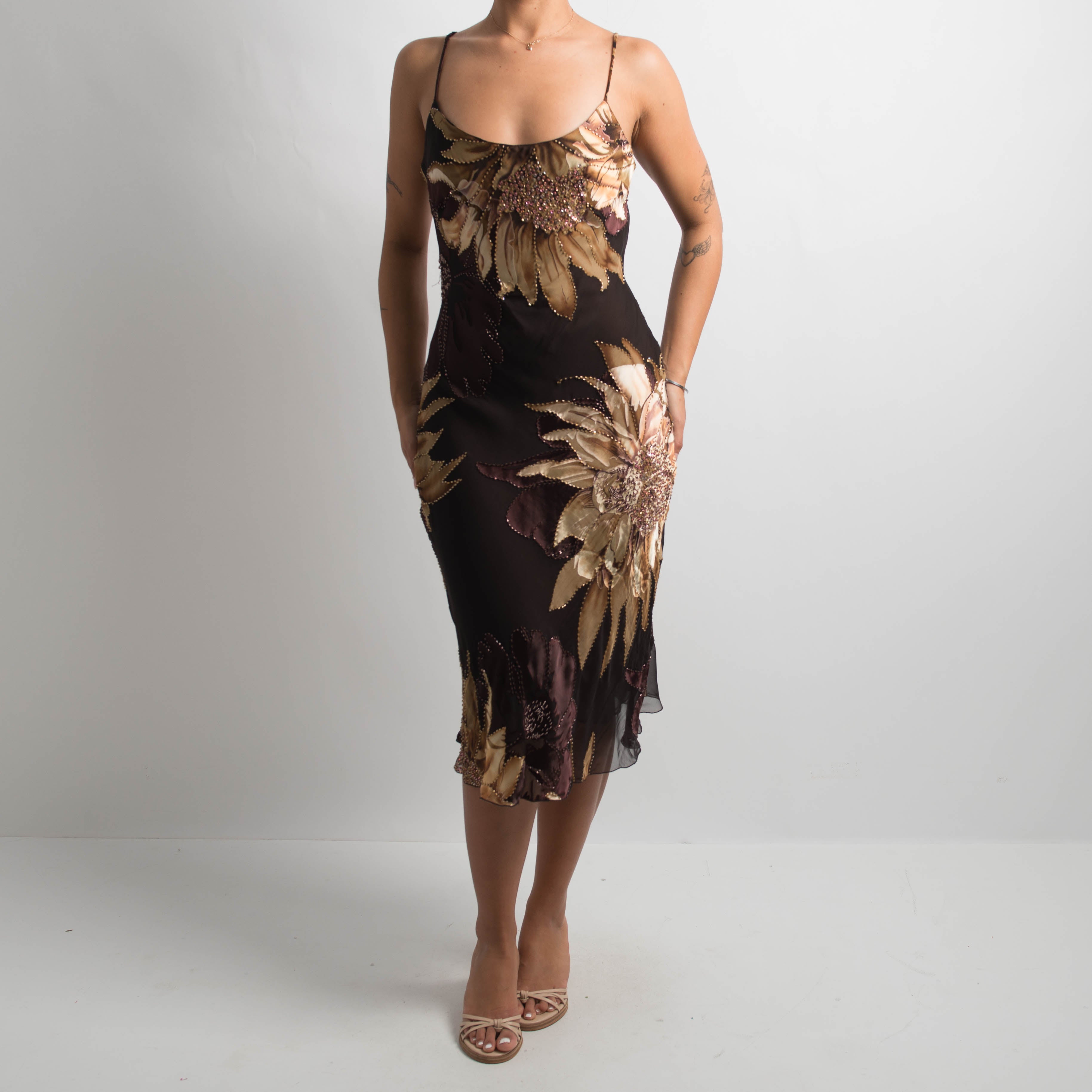 FLORAL SILK BEADED MIDI DRESS