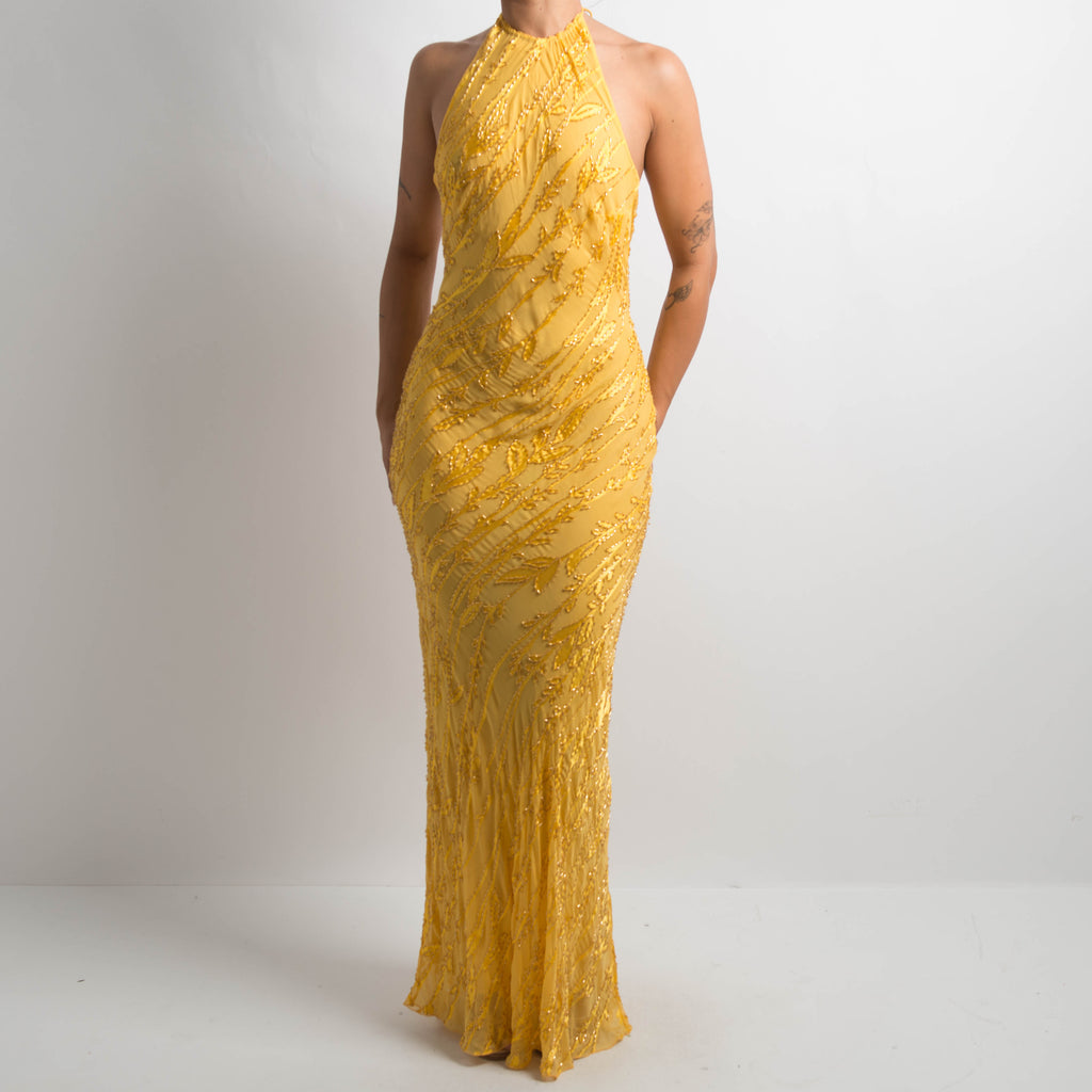 YELLOW SILK BEADED DRESS