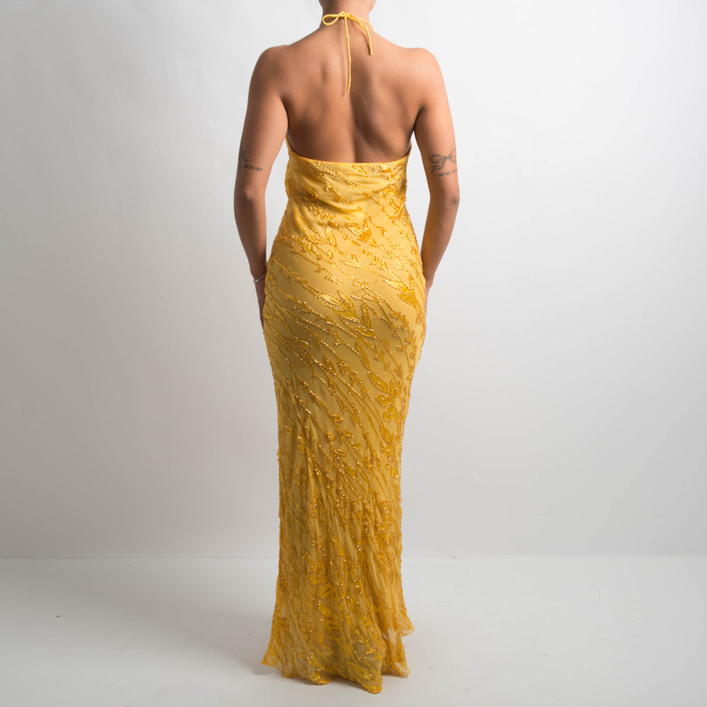 YELLOW SILK BEADED DRESS