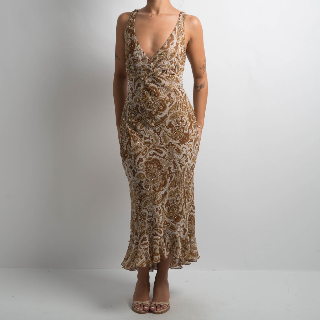 BROWN SILK BEADED DRESS