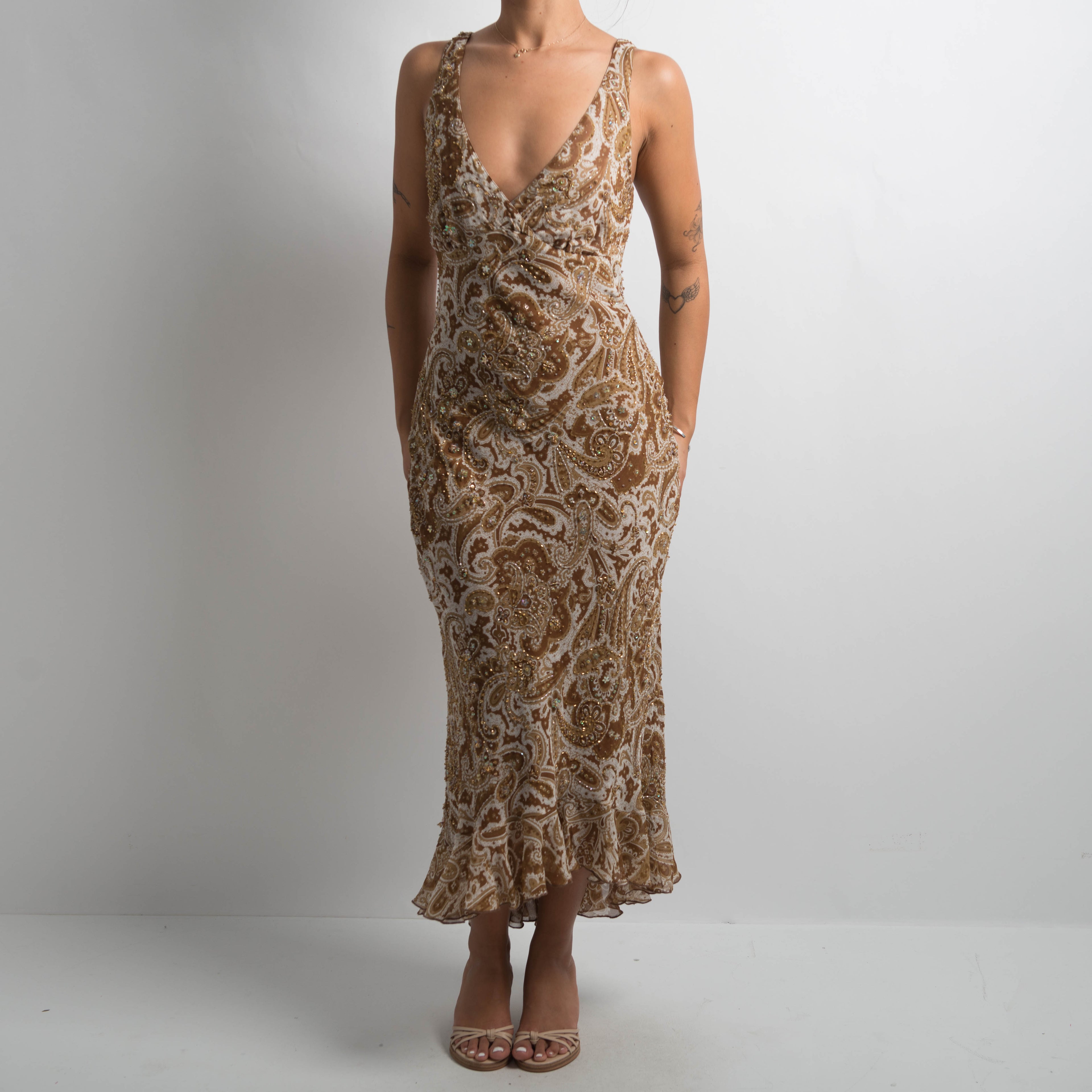 BROWN SILK BEADED DRESS