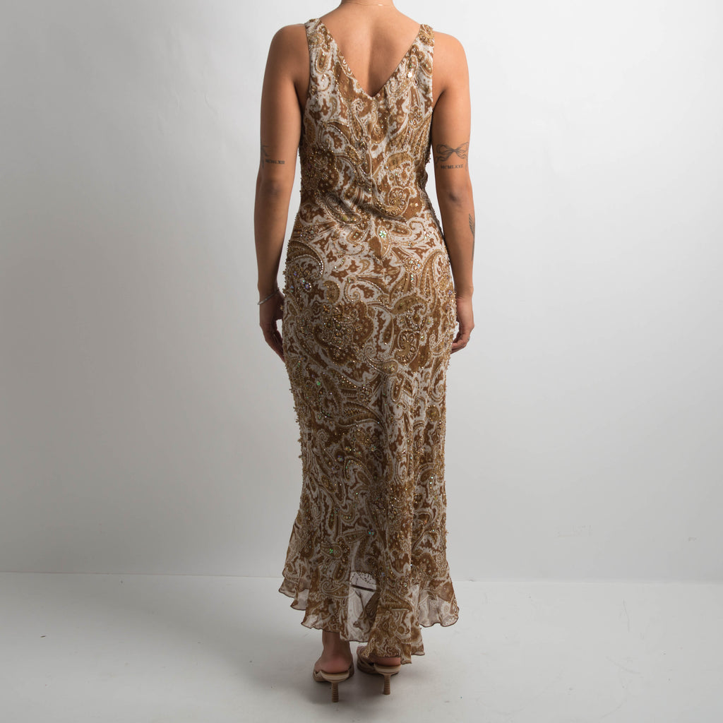 BROWN SILK BEADED DRESS