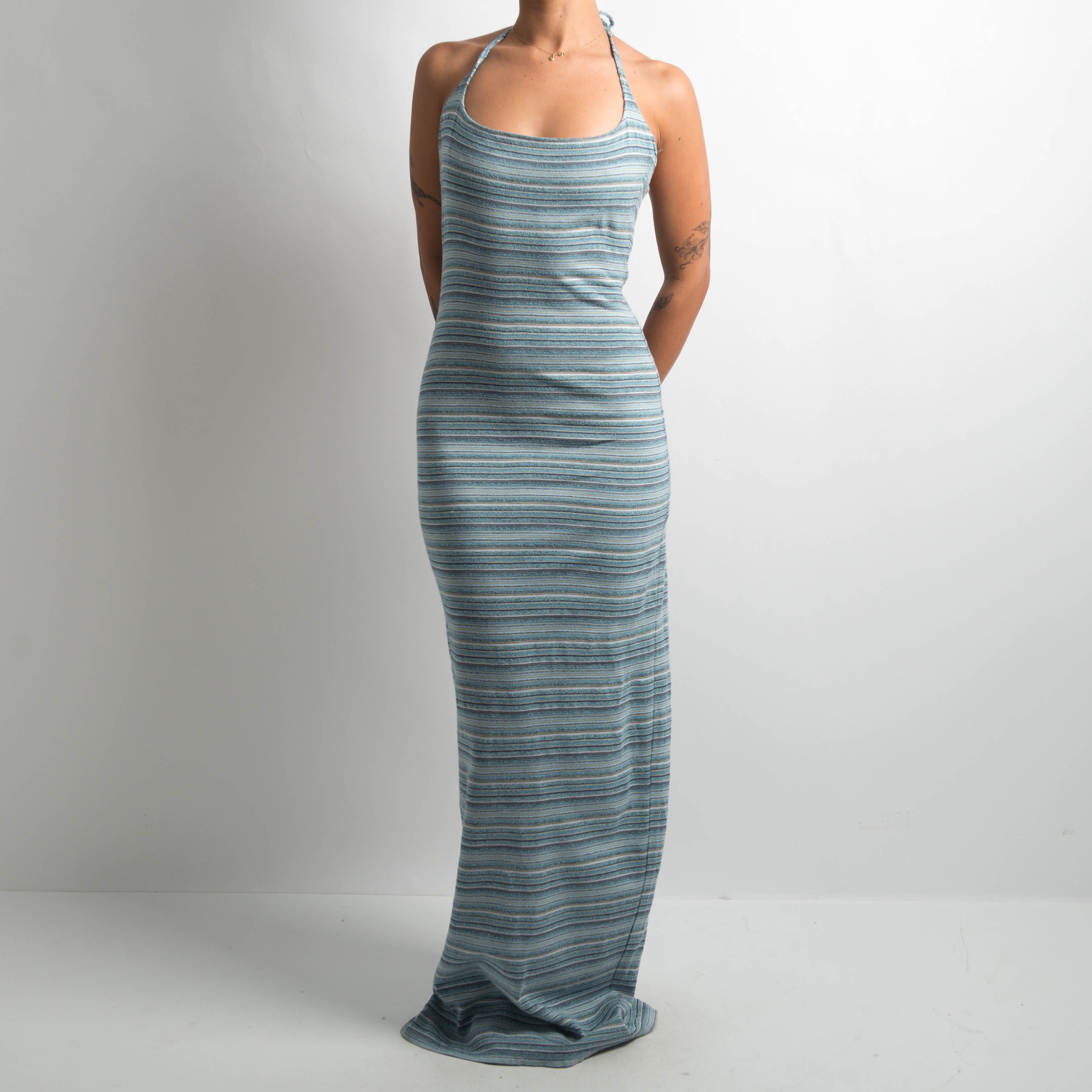 BLUE STRIPE HALTER DRESS