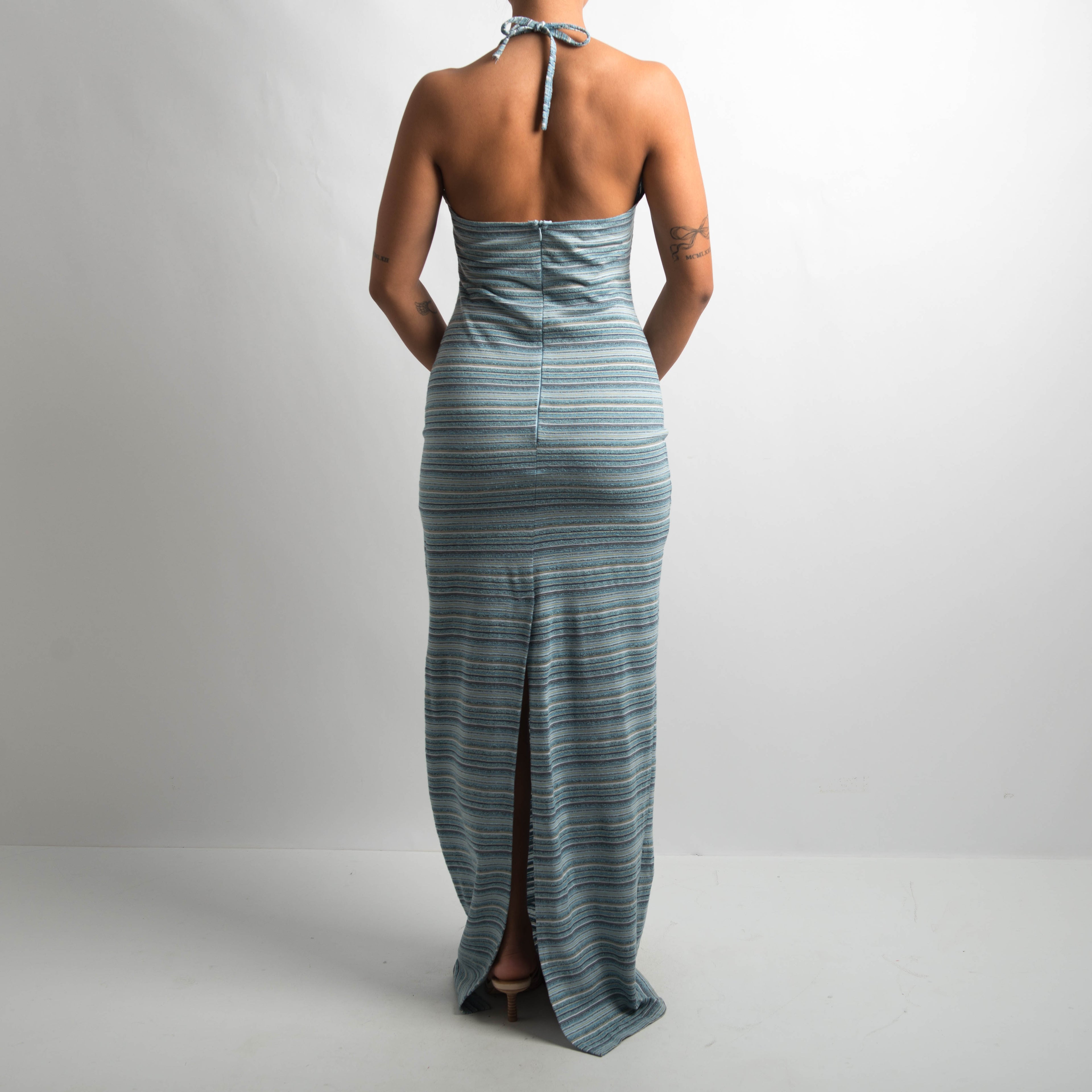 BLUE STRIPE HALTER DRESS