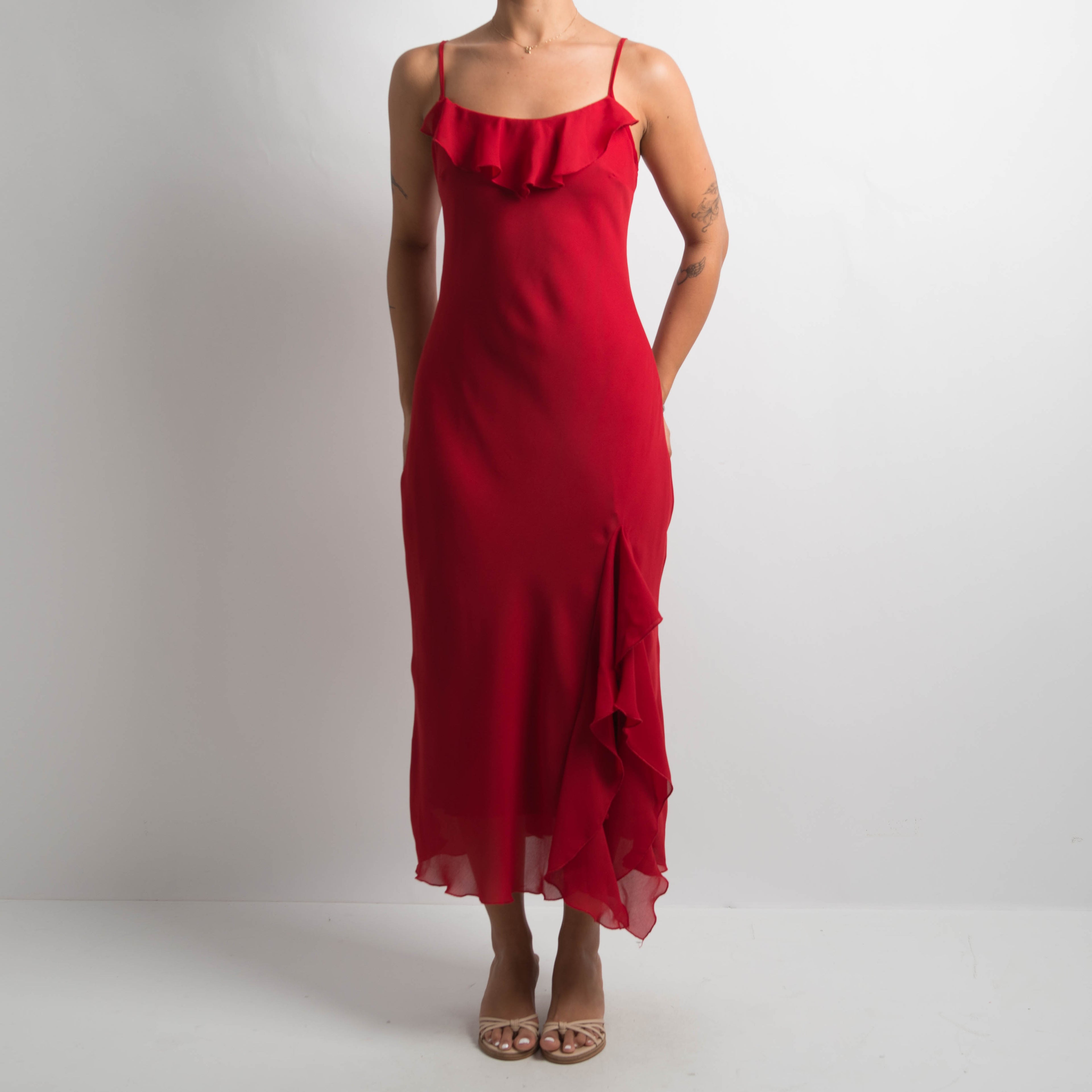 RED RUFFLE EVENING DRESS