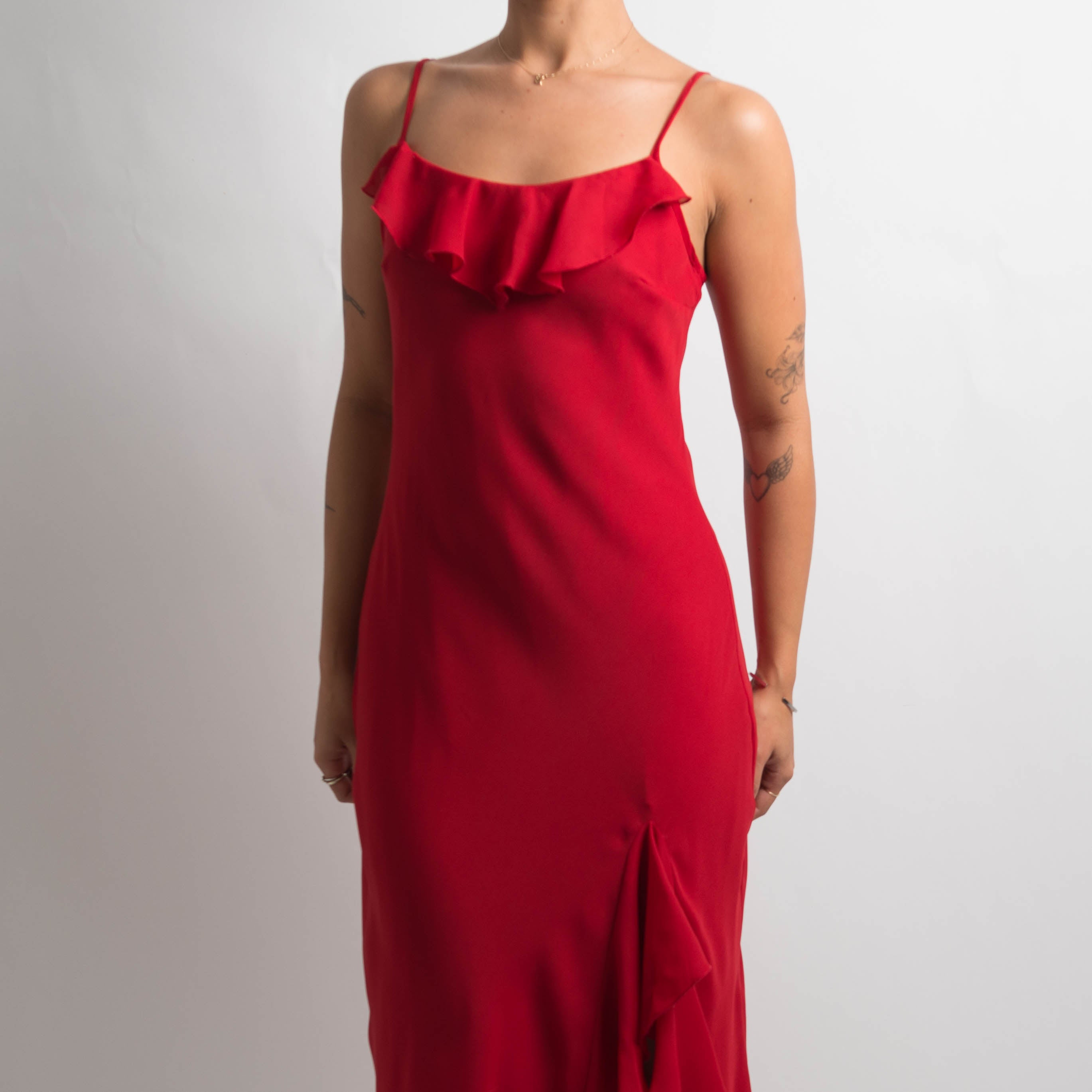 RED RUFFLE EVENING DRESS