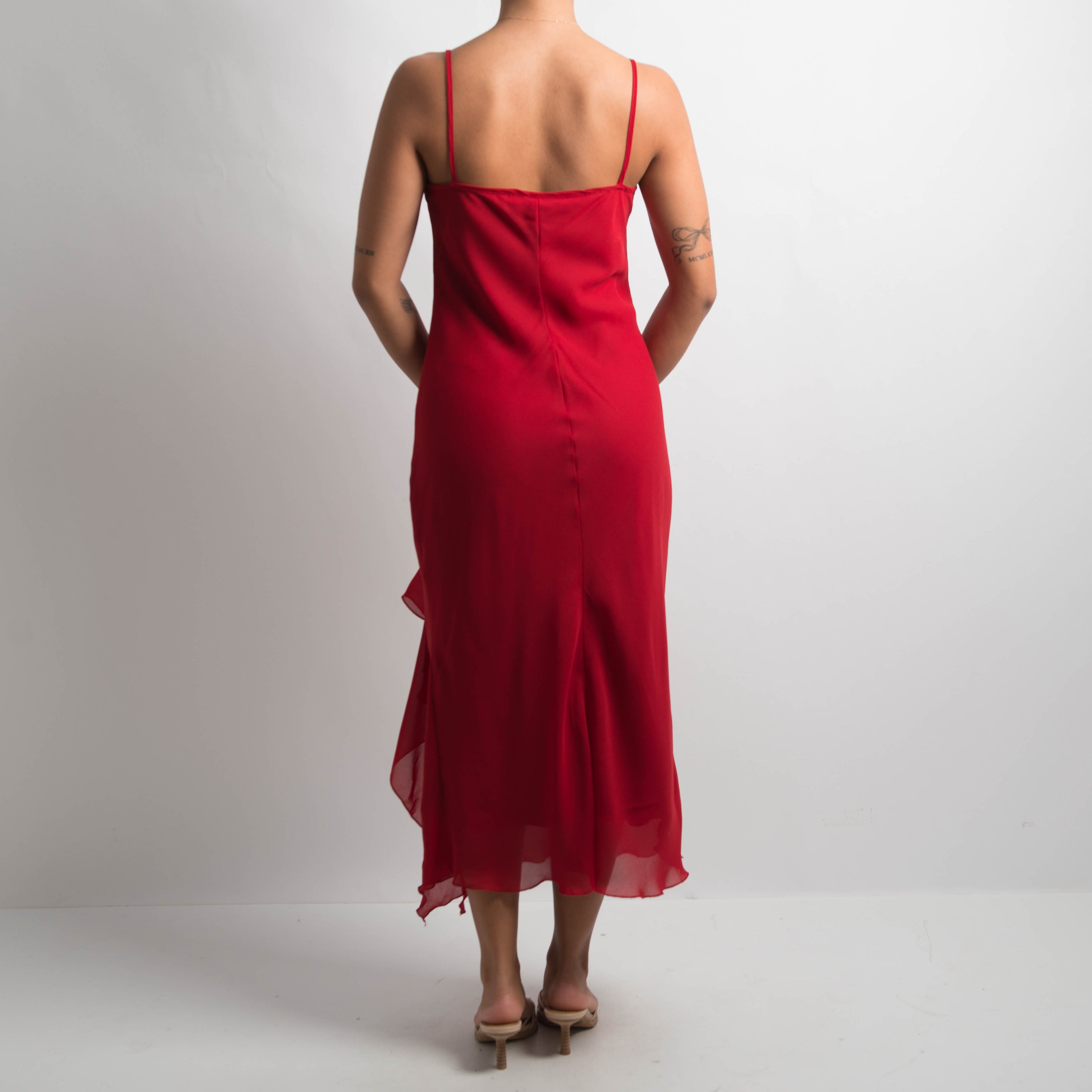 RED RUFFLE EVENING DRESS