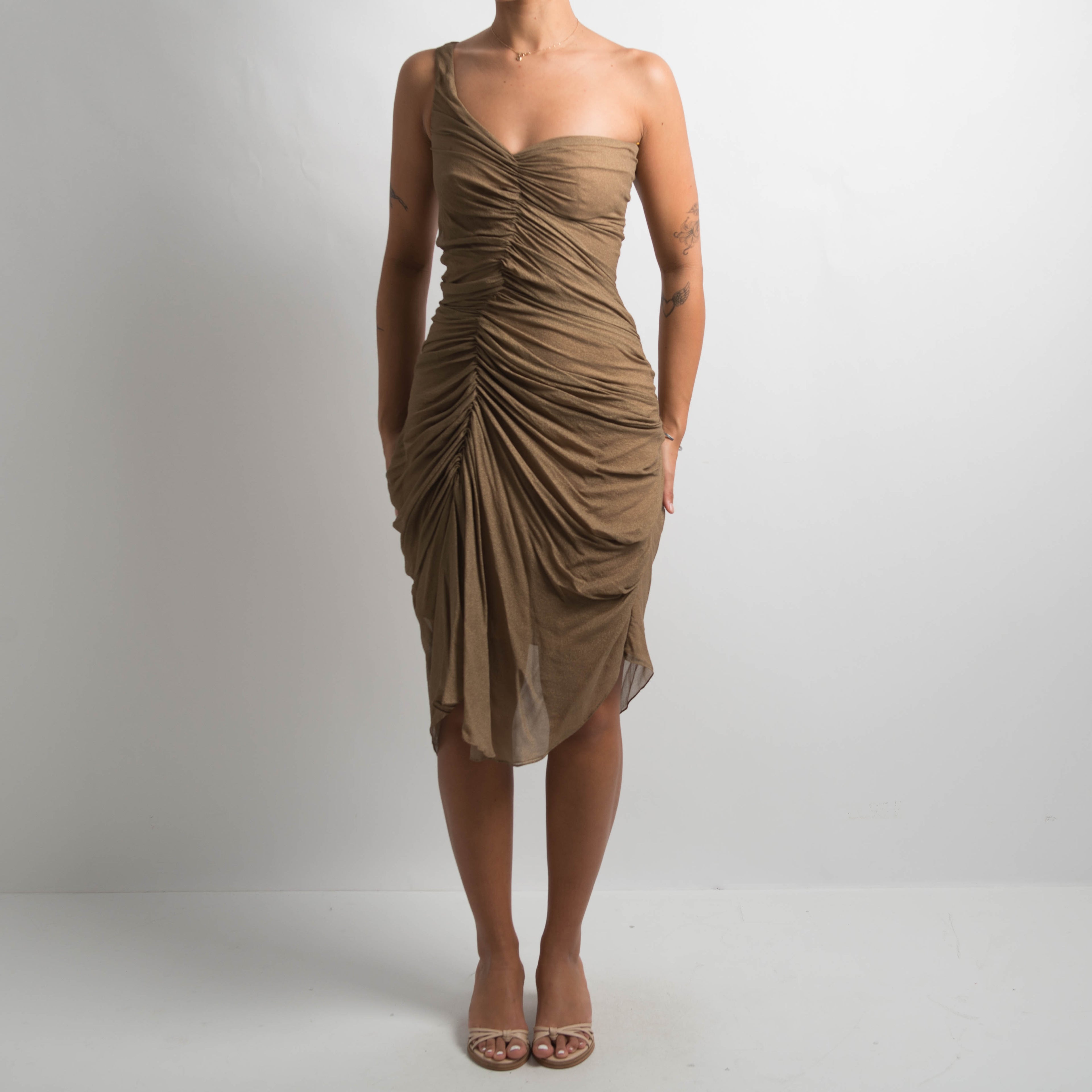 BRONZE SILK RUCHED DRESS