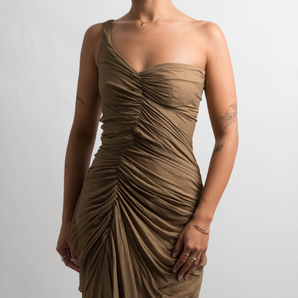 BRONZE SILK RUCHED DRESS