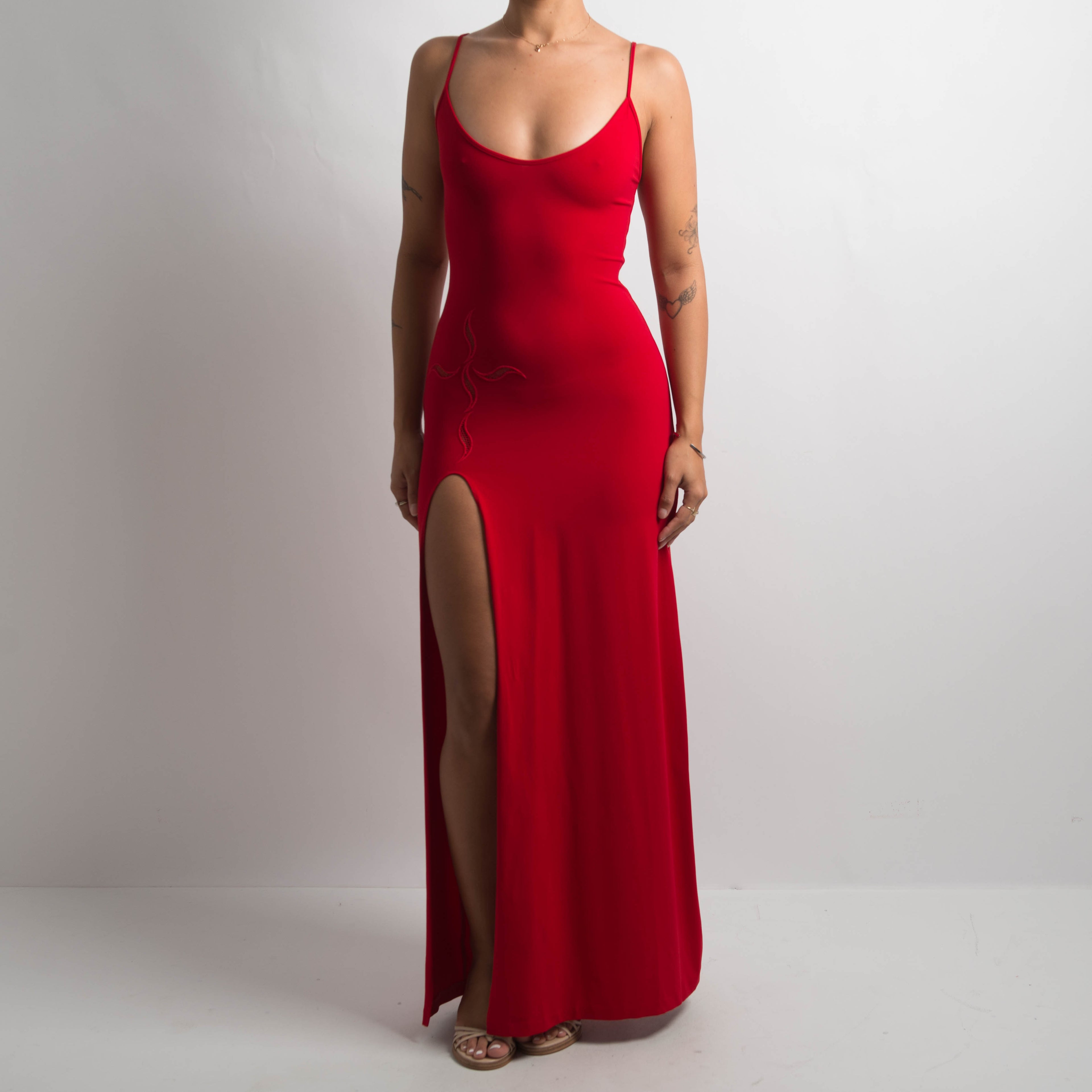 RED HIGH CUT SLINKY GOWN